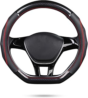 Ergocar Car Steering Wheel Cover Non-Slip Car Steering Wheel Protector D-Shape Carbon Fibre & First Layer Cowhide for Diameter 38 cm (15 Inches) (D-Black/Red)