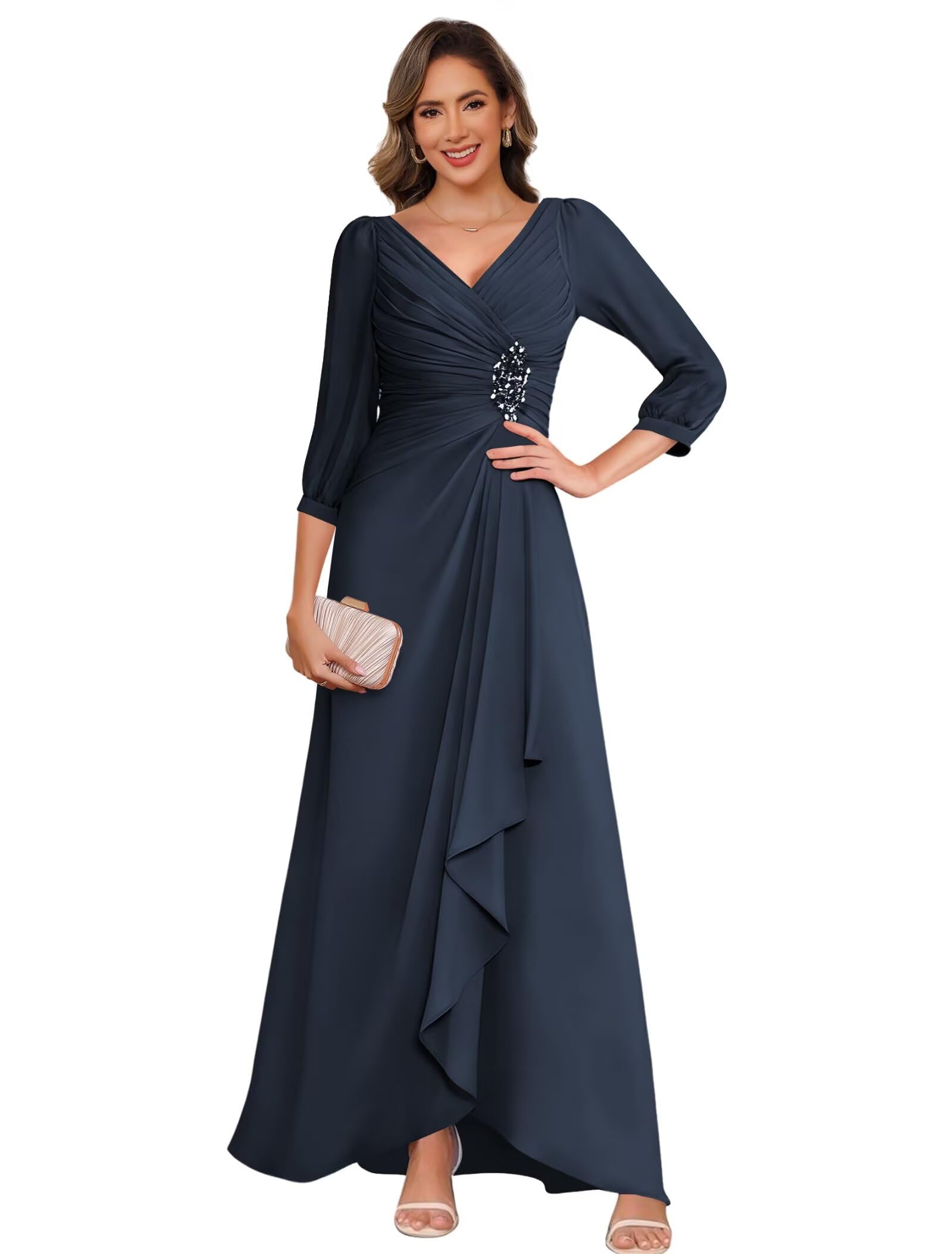 Womens Chiffon Mother of The Bride Dresses 3 4 Sleeve V Neck Ruffle Split Maxi Formal Evening Dress