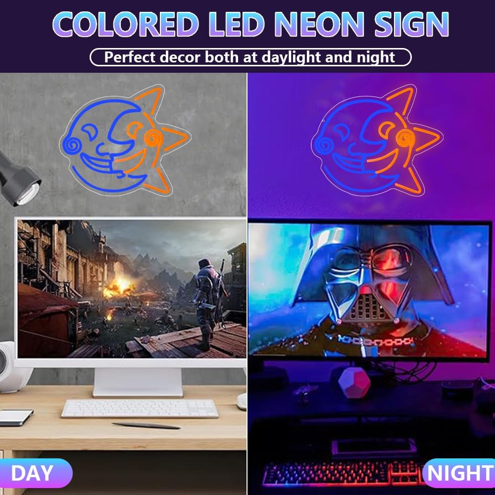 Sun Drop Moon Drop Neon Sign for Wall Decor, Smiling Face Gaming Room Anime Neon Light Acrylic Moon Sign for Bedroom Home Living Room Party Game Zone Wall Art Decor - Image 4