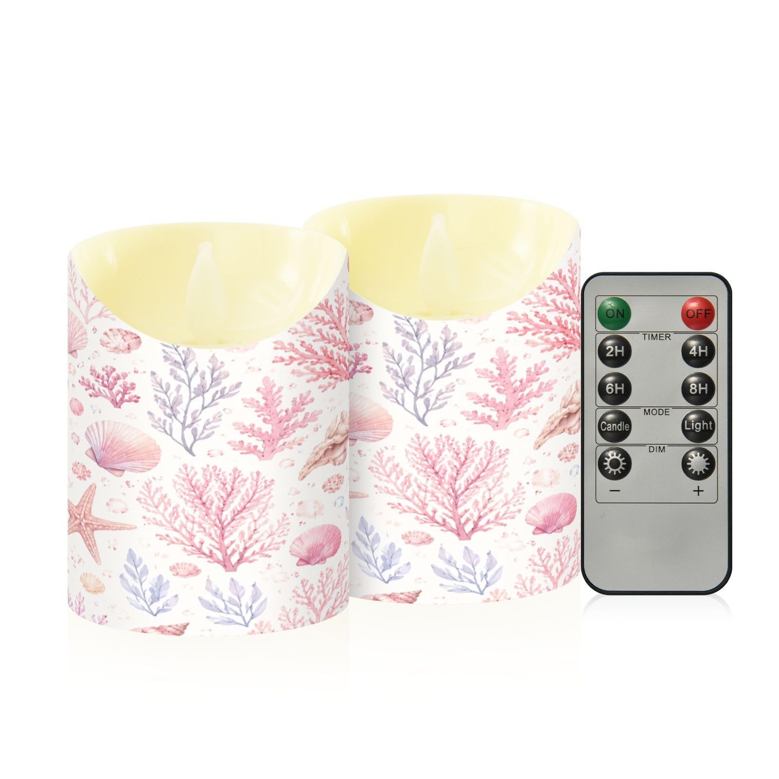 Cgiub Seashells & Coral Flameless Candles with Timer 2pcs Battery Operated Flickering Flameless LED Pillar Candles for Holiday Home Wedding Fireplace Decor