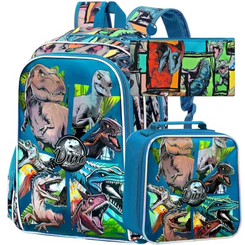 Image of CCJPX 3PCS Dinosaur Backpack for Boys, 16 Inch Water Resistant Preschool Bookbags, Cool Kindergarten School Backpacks and Lunch Box(Blue)