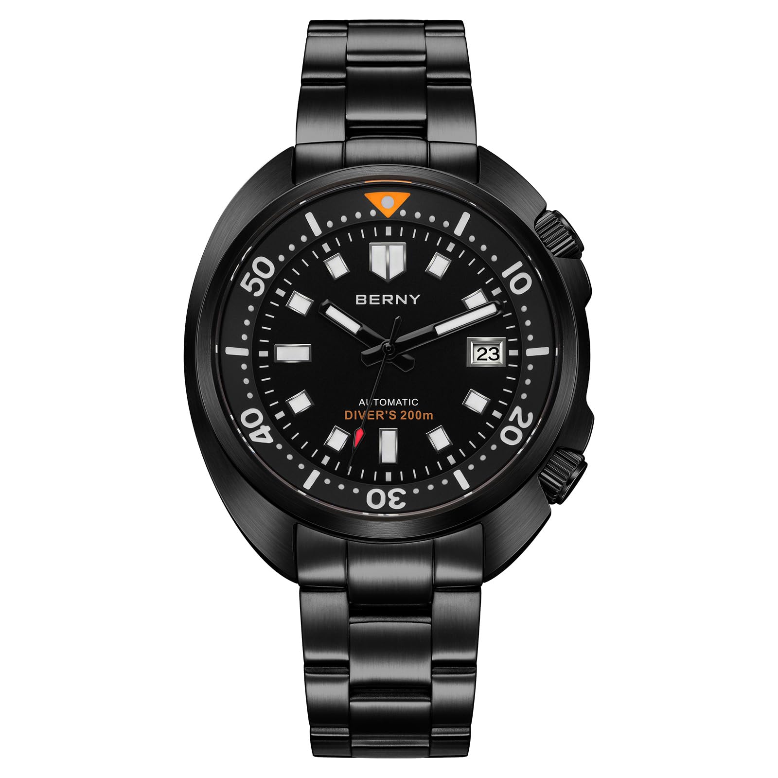 BERNY Reloj Automático Hombre Reloj De Buceo Todo Negro 200M Resistente Al Agua Reloj Analógico Mecánico De Pulsera Masculino con Fecha Super Luminosa Correa De Fluoroelastómero