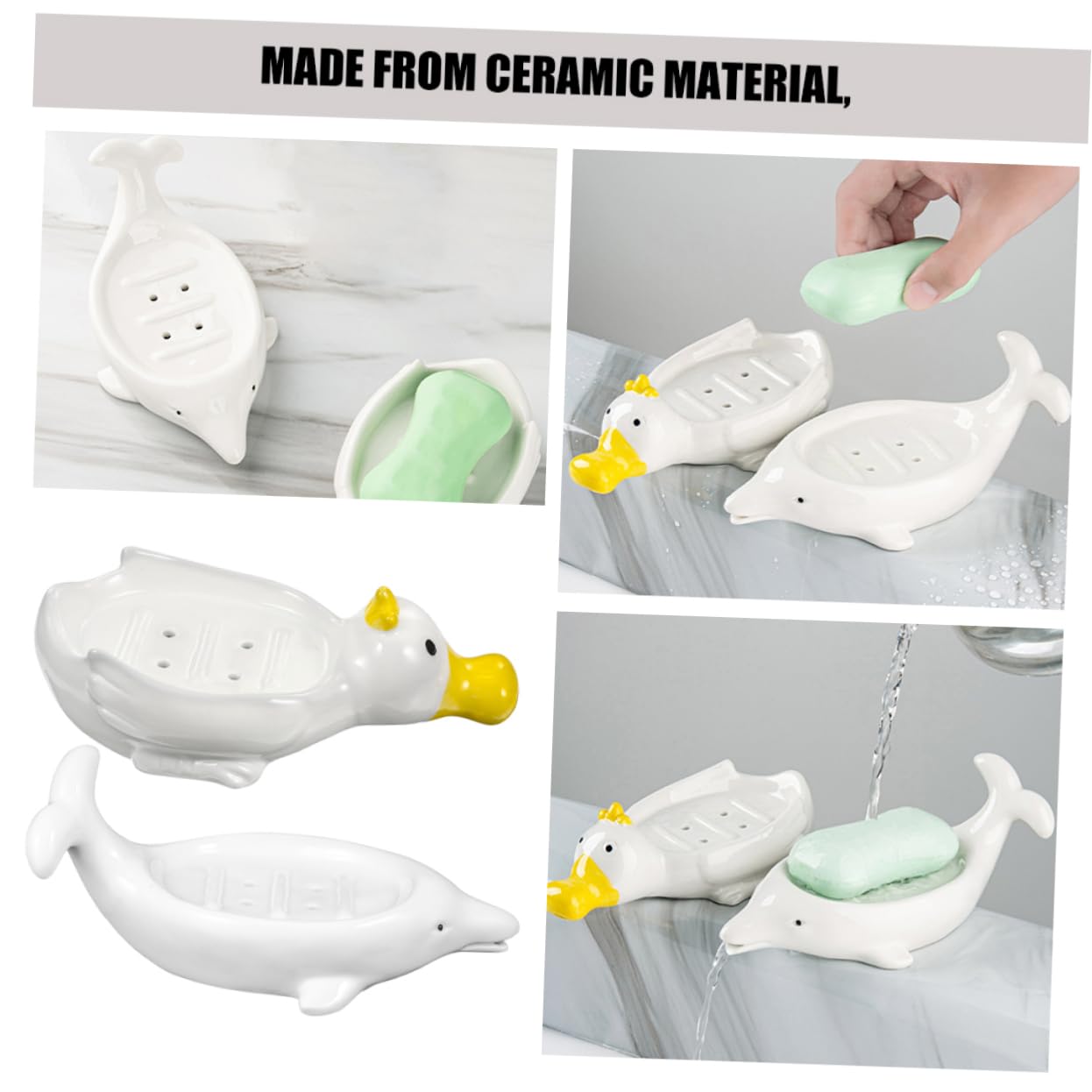 Jabonera de Cerámica Animal Marino Blanco 2 Piezas para Baño | Autodrenaje, Soporte para Esponja y Joyas, Decoración de Aseo, Obsequio de Inauguración