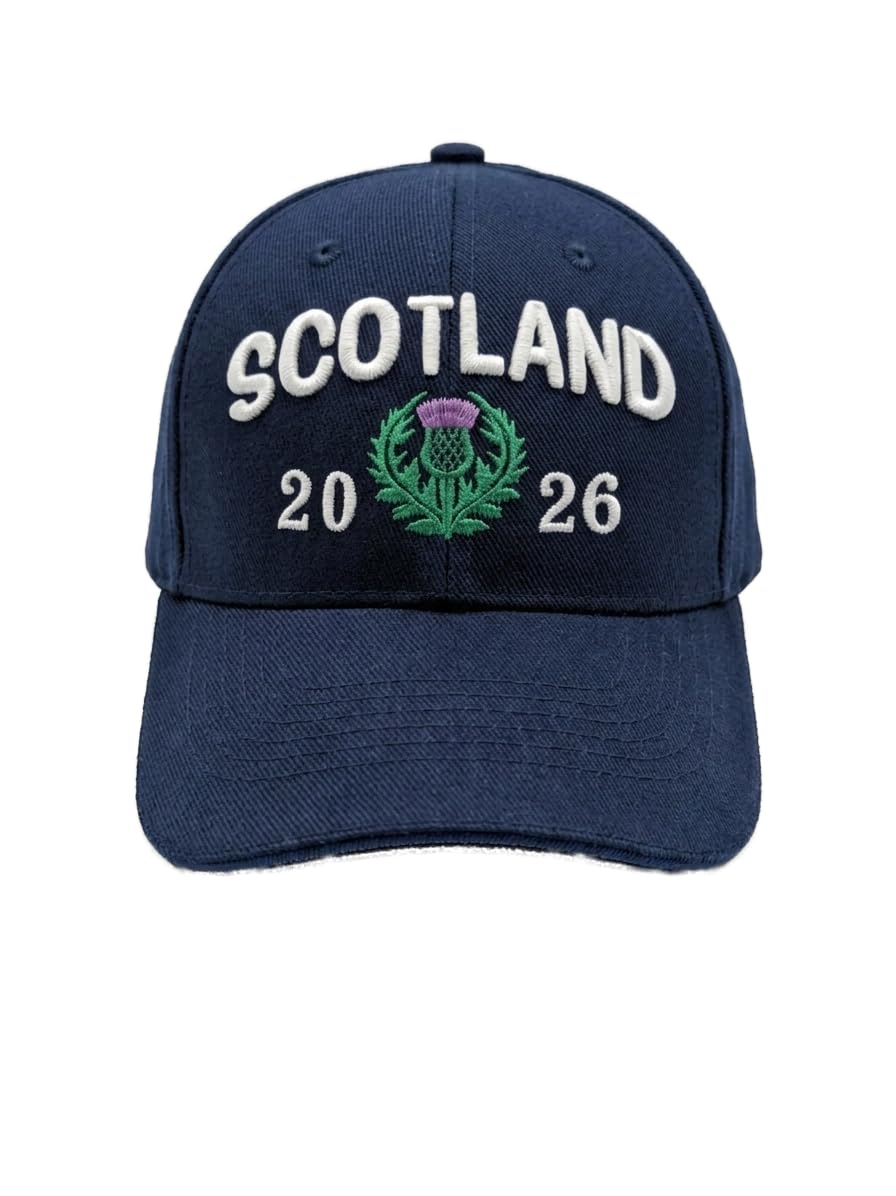 Scotland 2026 Embroidered Thistle Baseball Cap, Navy and White, Cotton, 3D Foam Embroidery, World Cup Hat, One Size (Navy)