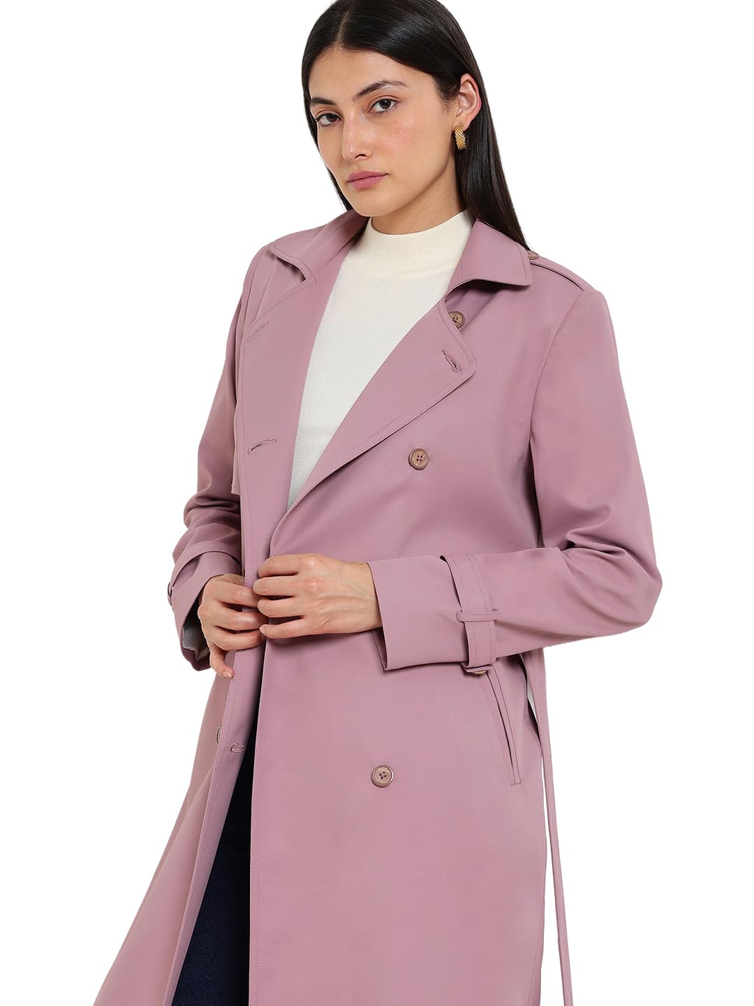 Women Trench Coat | Tailored Fit Spread Collar Solid Design | Premium Polyester Twill Smooth Texture & Lined Interior For Work & Formal Occasions-image-22