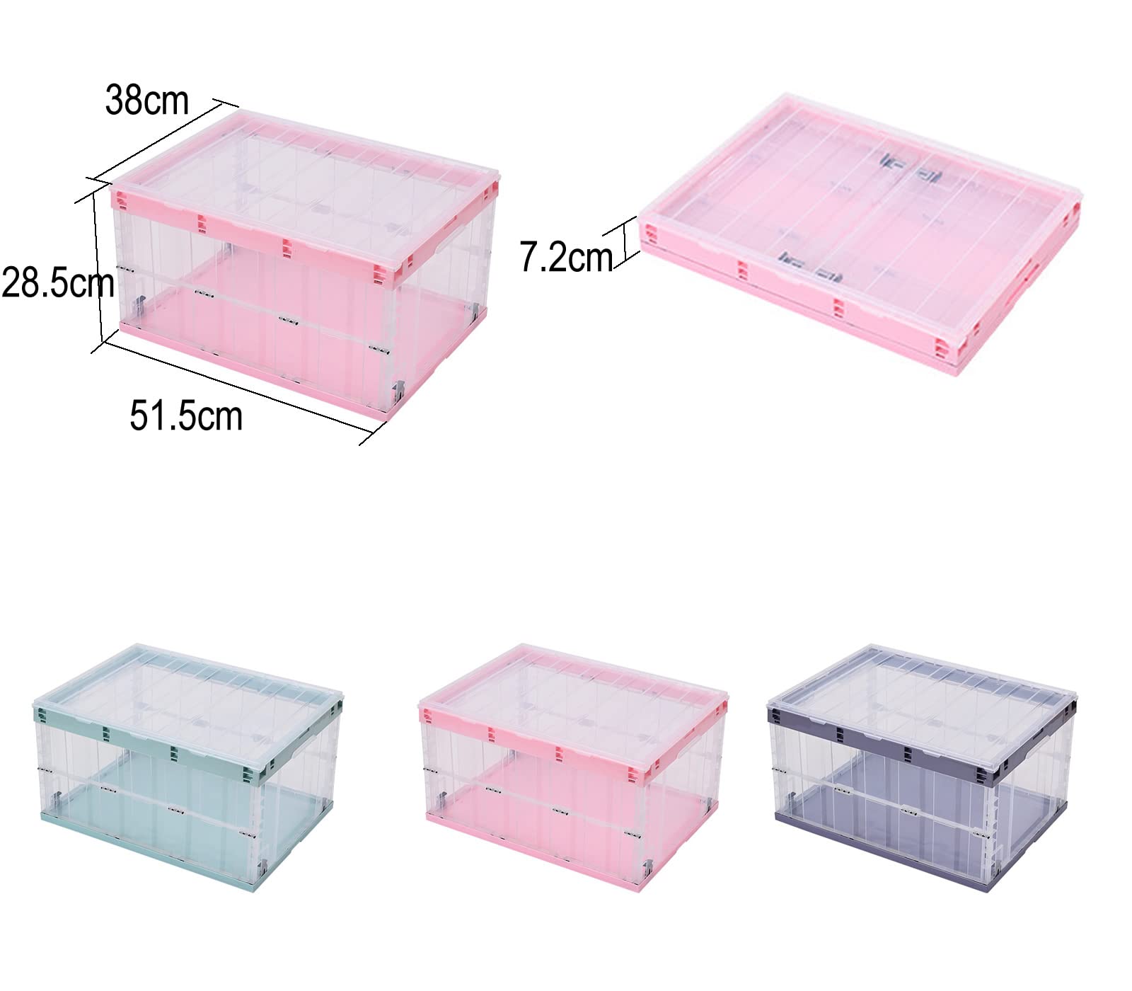 TUKA-i-AKUT 3x Faltbare Aufbewahrungsboxen mit Deckel, Stapelbar Faltbar, Stabile Stapelkisten mit Handgriff, Stapelbehälter Organizer Faltboxen Stapelboxen Durchsichtig, 3x 55L in 3 Farben TKD8640