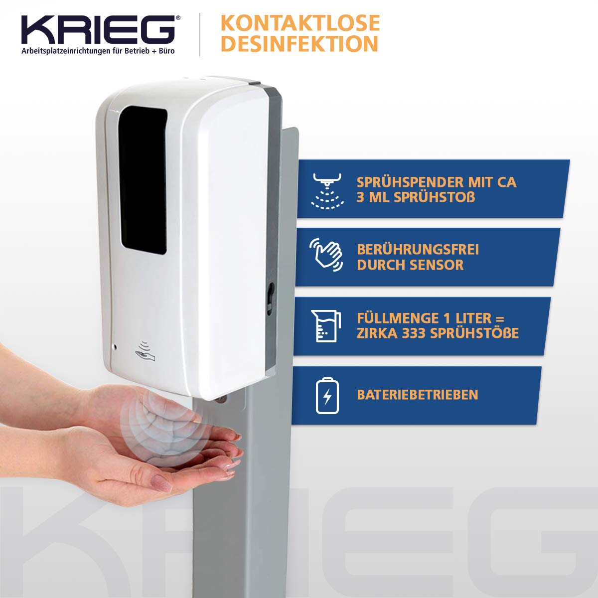 KRIEG Desinfektionsmittelständer mit Sensor I Silber I Kontaktlos Hygienestation 1000 ml - 333 Sprühstöße I Desinfektionsstation freistehend, höhenverstellbar, touchless I Hygienesäule Ready to go