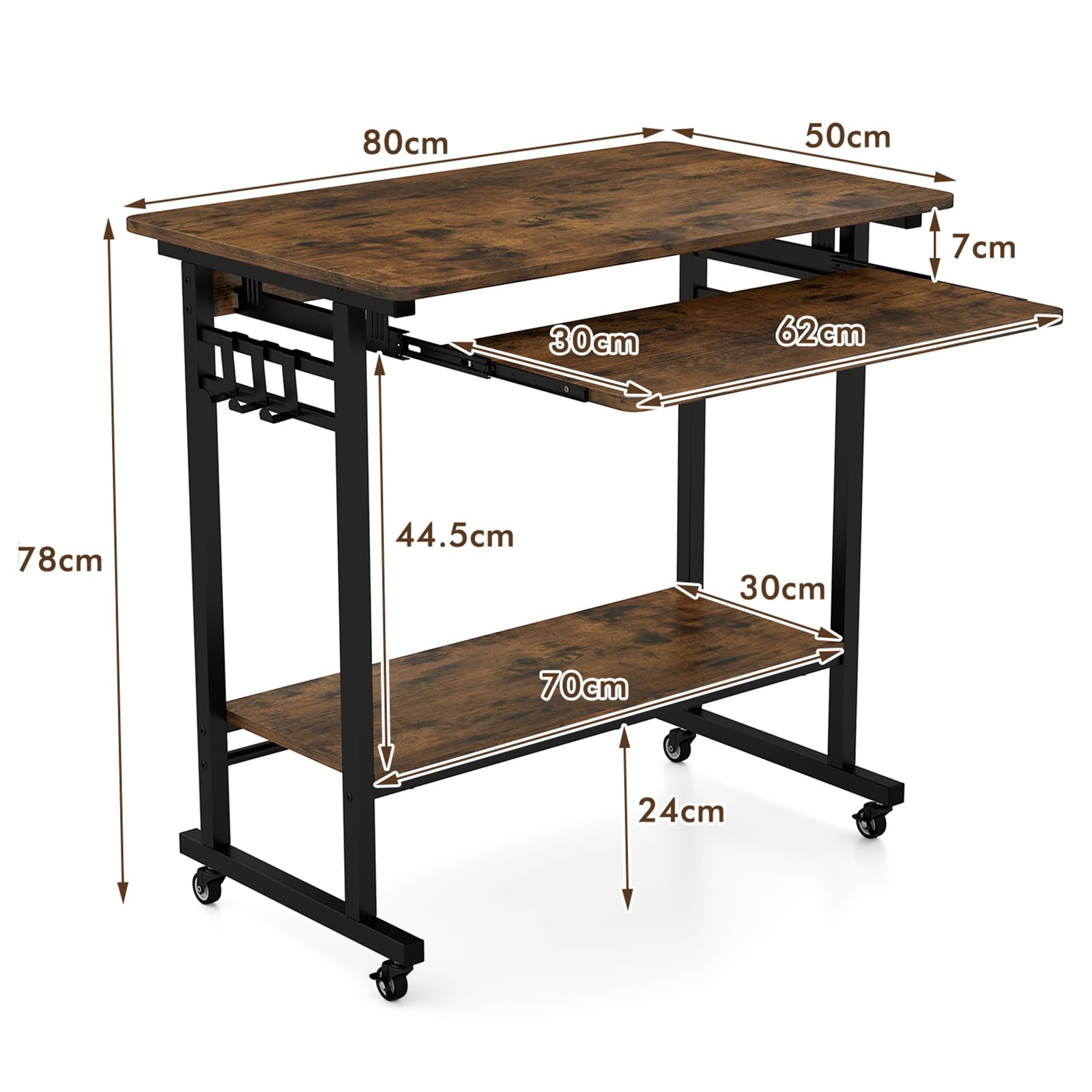 GYMAX Scrivania in Metallo e Legno, Tavolo da Lavoro con Vassoio per Tastiera, 3 Ganci e Ripiano Inferiore Aperto, 4 Ruote Universali Silenziose, 80 x 50 x 78 cm, Marrone Industriale