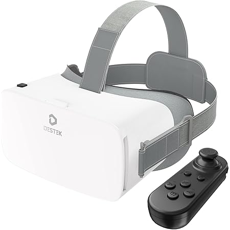 DESTEK V5 VR Headset with Bluetooth Controller, 110°FOV HD Anti-Blue Lenses Virtual Reality Goggles, for iPhone 13/12/11 & Android Phone(4.7-6.8in)-White