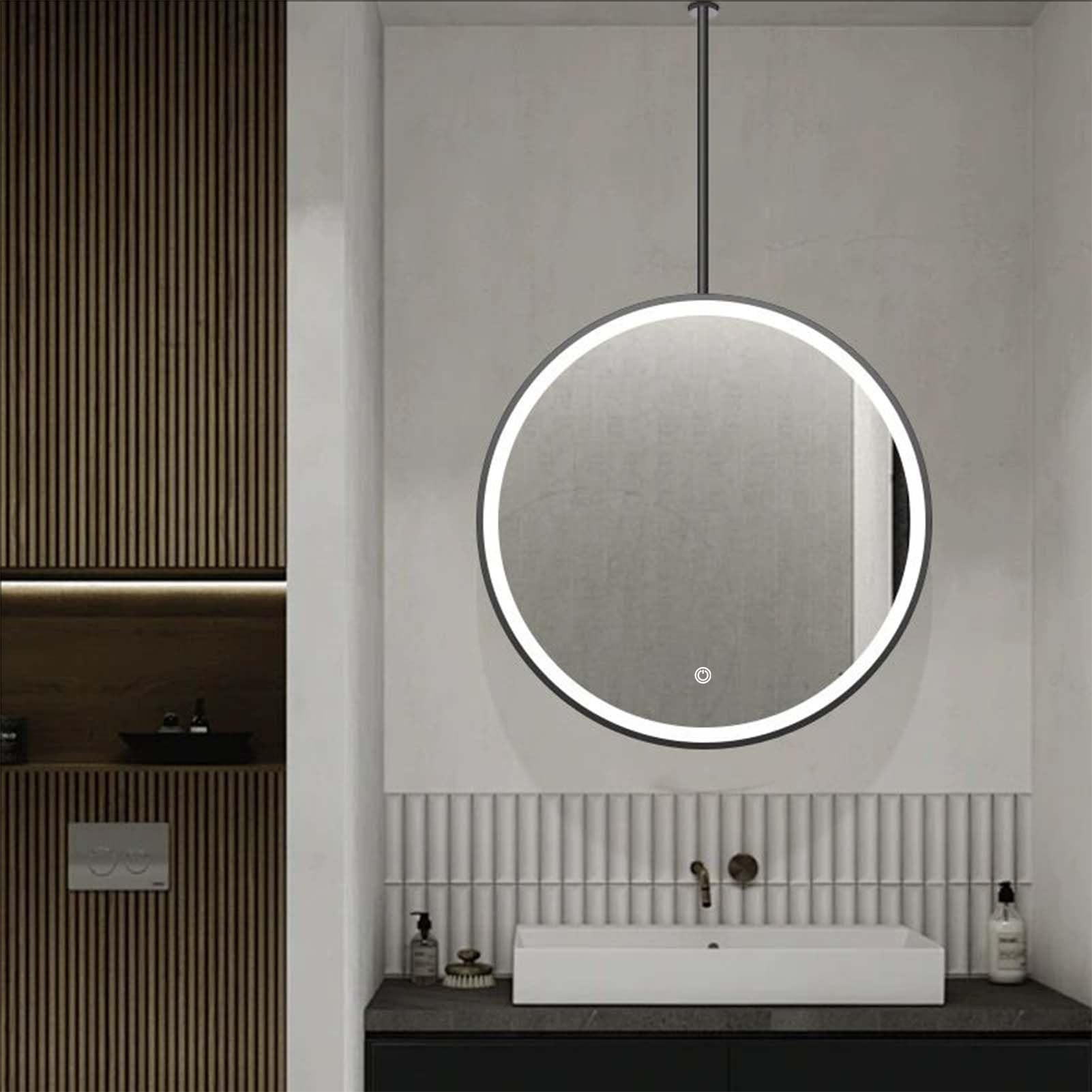 FGXHHS LED with Lights, 3 Colors Dimmable Vanity Makeup Ceiling Hanging Circle Mirrors Metal Frame and Boom(Black,Diameter-50CM/19.7INCH)