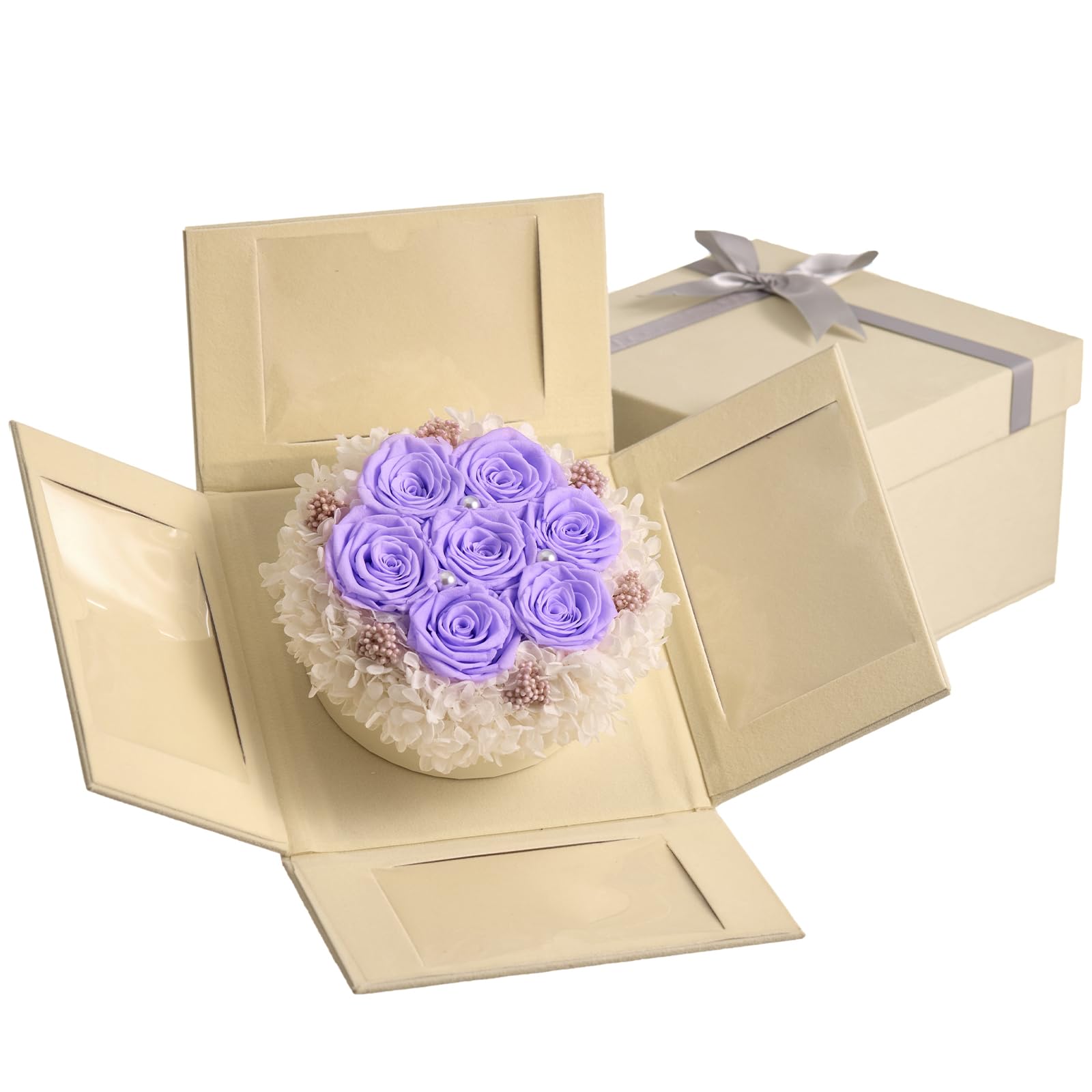 Beaulasting Roses 7-Piece Forever Flowers in Photo Box Handmade Preserved Roses Last a Year Explosion Roses Box Gift for Wife Mother Mothers Day Valentines Day (7 Roses Round, Light Purple)