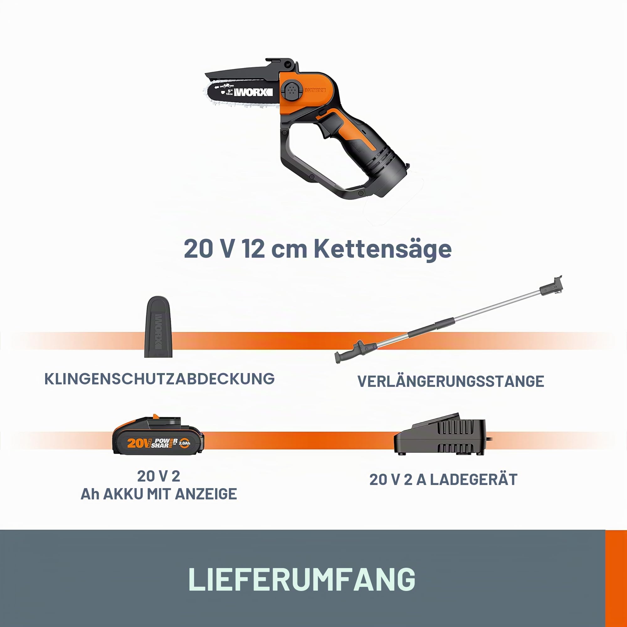 WORX Akku Mini Kettensäge 18V(MAX 20V) WG324E.1, PowerShare, 12 cm Führungsschiene, vibrationsarm, leicht und tragbar, Verlängerungsstange, 1 Akku und 1 Ladegerät im Lieferumfang enthalten