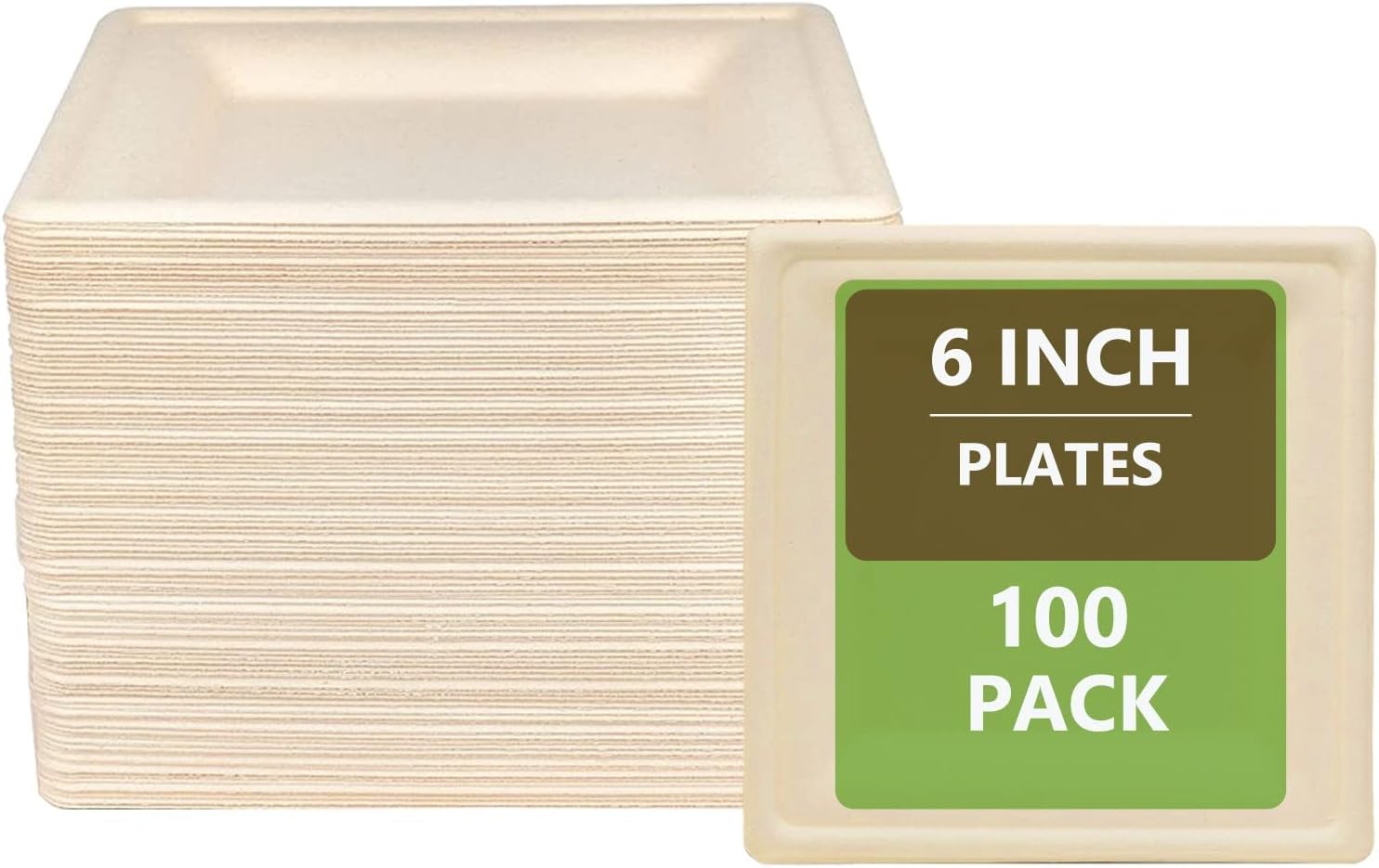 Gere Square Sugarcane Fibre Plates 6 inch, 100 Pack, Natural Bagasse
