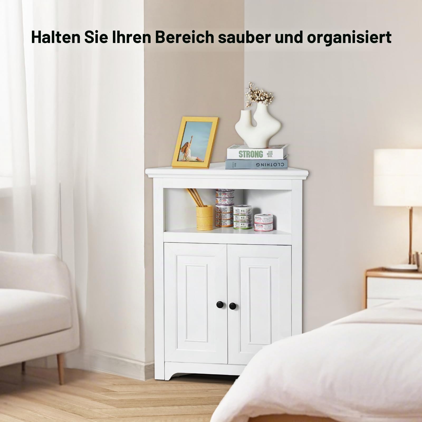 VEVOR Eckschrank Aufbewahrungsschrank mit 3-stufiger Regalen Mehrzweckschrank (845 mm Hohe) mit 2 Holztüren und verstellbaren Regalen, freistehender Küchenschrank für Wohnzimmer Waschküche, weiß