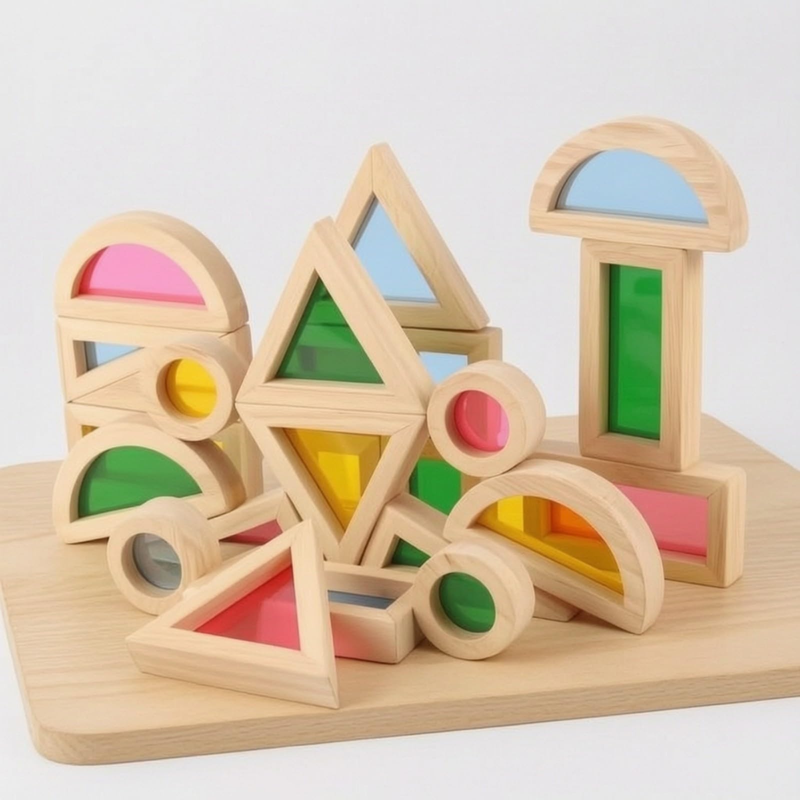 Mattoncini di Legno Sensoriale | Mattoncini di Legno con Pannelli Traslucidi, educativo, per Scuola Dell'infanzia, Area Giochi, Stile B
