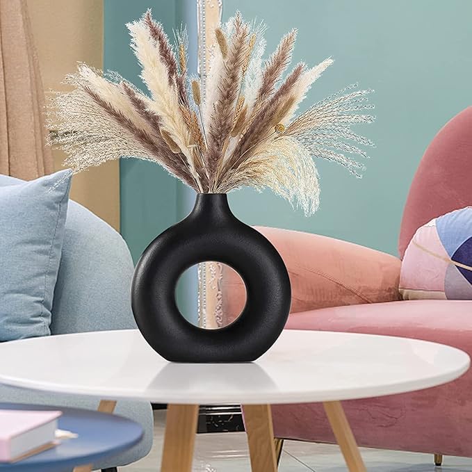 Image of White Donut Vase Hollow Ceramic Vase for Flowers Handmade Minimalist Style Modern Home Decor Round Shape Table Party Living Room Office Bedroom (Black Medium)