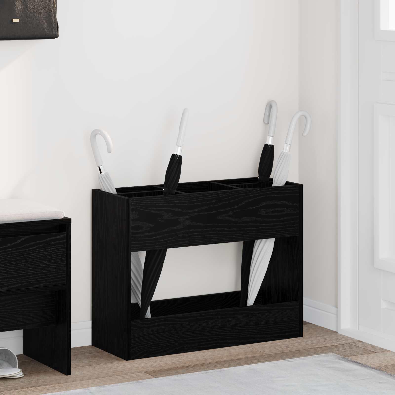 Portaombrelli nero effetto rovere, 65 x 24 x 50 cm, portaombrelli per corridoio, ingresso, foyer, per riporre e organizzare