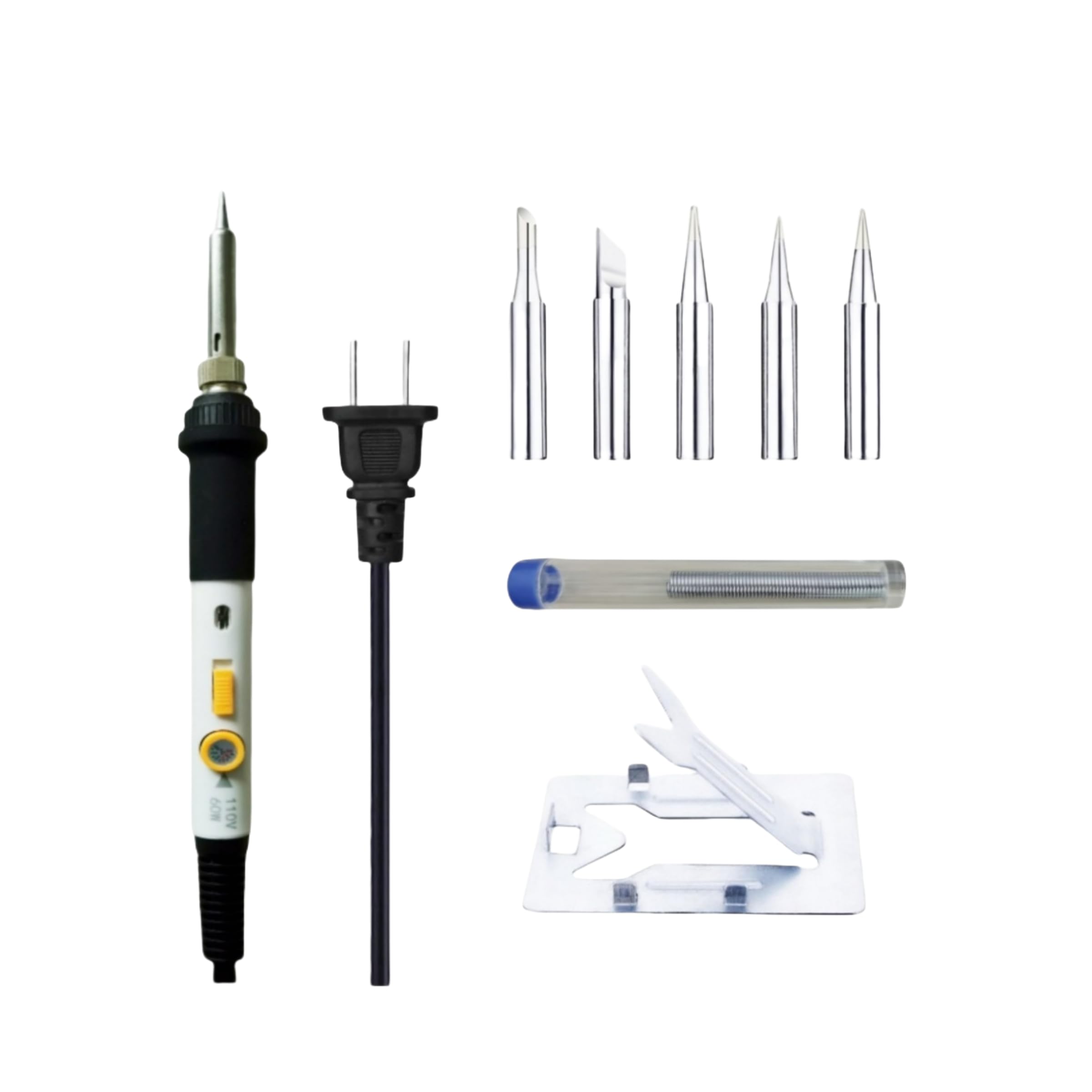 Solder iron set, 5 different soldering iron tips and simple holder with soldering wire 60W 110V adjustable temperature, controlled switch soldering iron, US plug