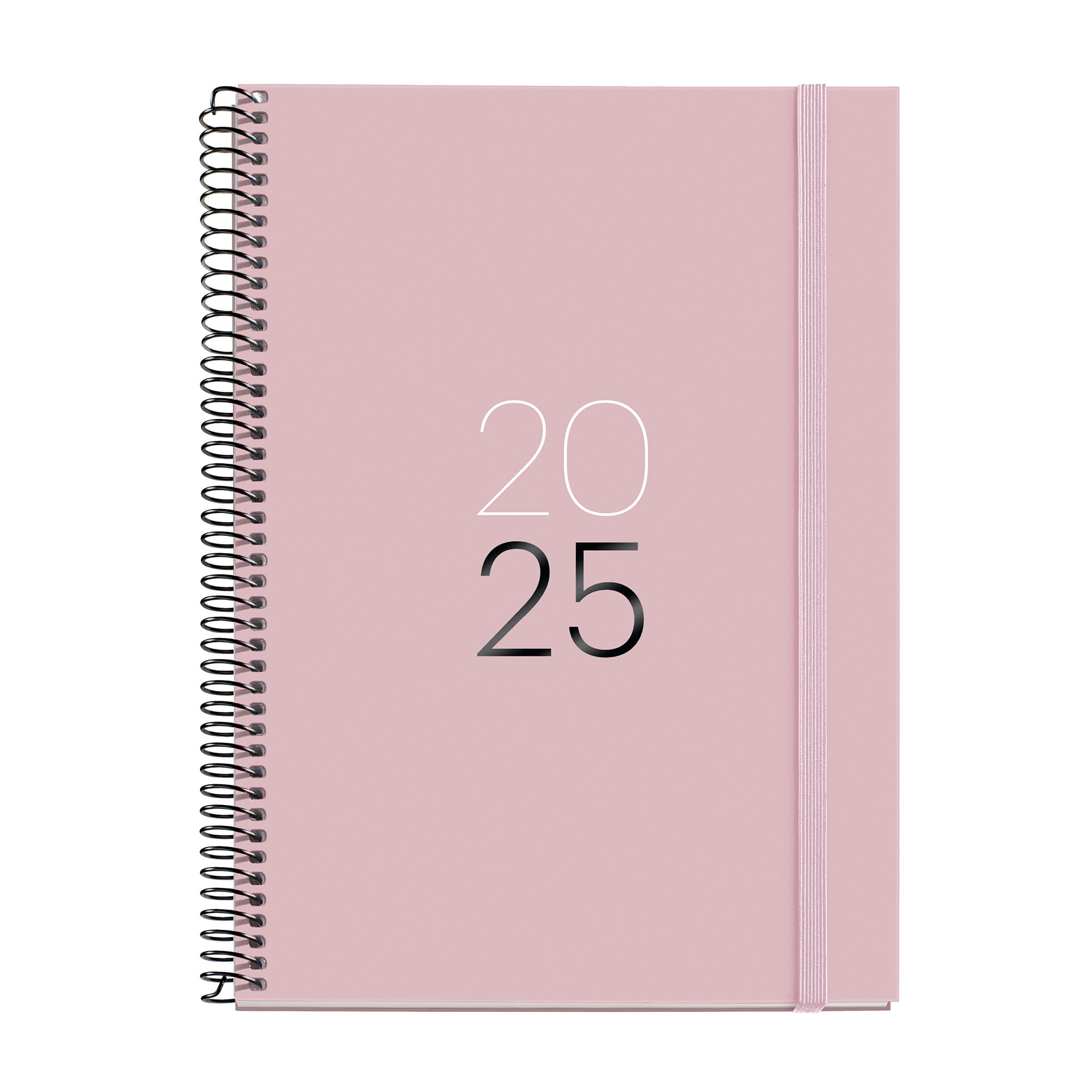 Miquelrius - Agenda 2025, Agenda anual 155x213 mm, Agenda día página, Cubierta cartón forrado plastificado, Espiral, Cierre goma elástica, Papel 80 g/m², Español, Inglés y Portugués, Arena