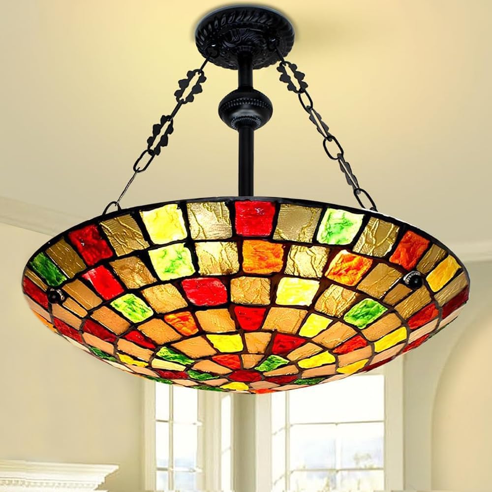 20" Stained Glass Ceiling Light Fixture, 5 Lights Stained Glass Hanging Lamp, Antique Semi Flush Mount Pendant Lamp for Dining Room Kitchen Foyer Entryway Hallway Art Deco
