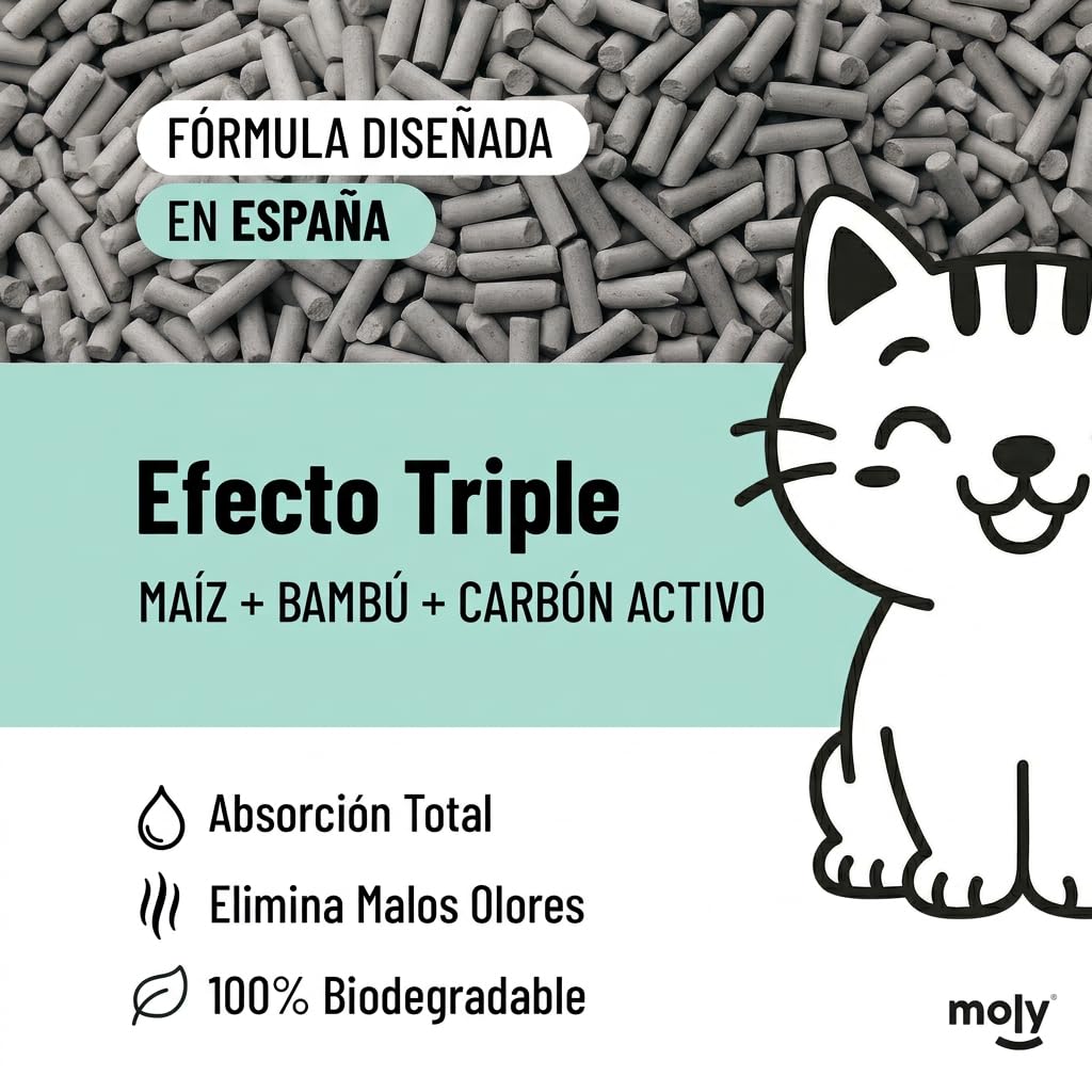 MOLY x2 Arena para Gatos Carbón Activo Biodegradable 5,6 KG 7,4 L | Arena Ecológica Vegetal de Bambú y Maíz Aglomerante | Alta Absorción y Bajo Polvo | Lecho Natural Compostable | Control de Olores — view 5