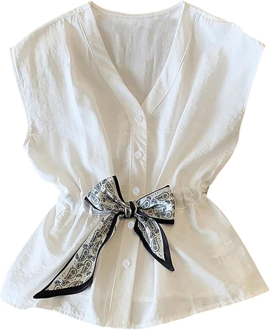 MakeMeChic Women's V Neck Peplum Tops Button Down Cap Sleeve Belted Elegant Casual Blouse Shirt
