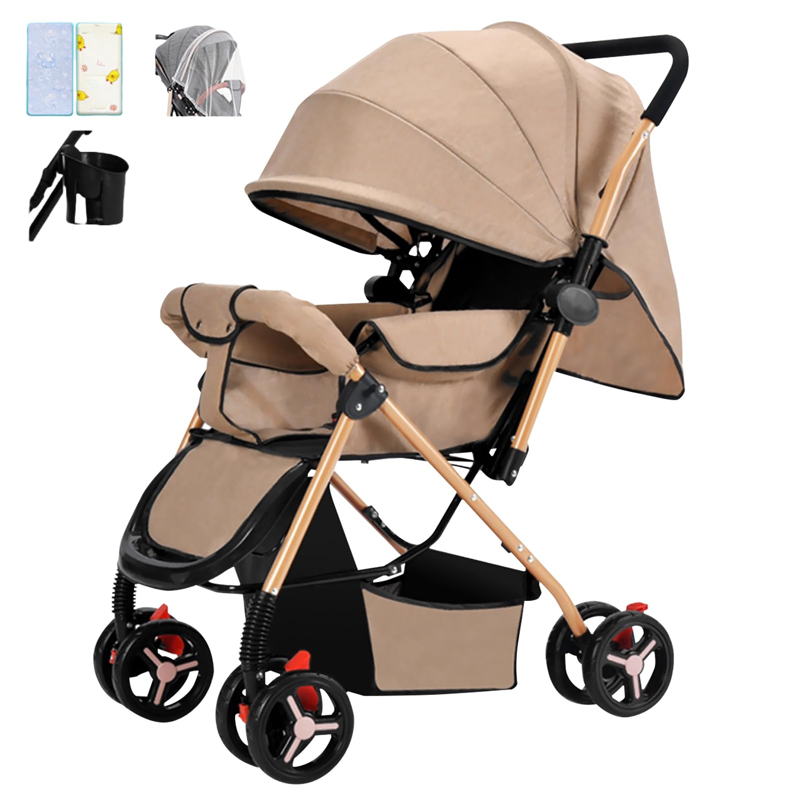 DAYONGLightweight Travel Stroller, Two-way Push Baby Stroller, One-click Foldable/Extra Wide Seat/Cool Mat/Mosquito Net, Load 25kg, Portable Infant Stroller for New Born Baby Toddler. (khaki)