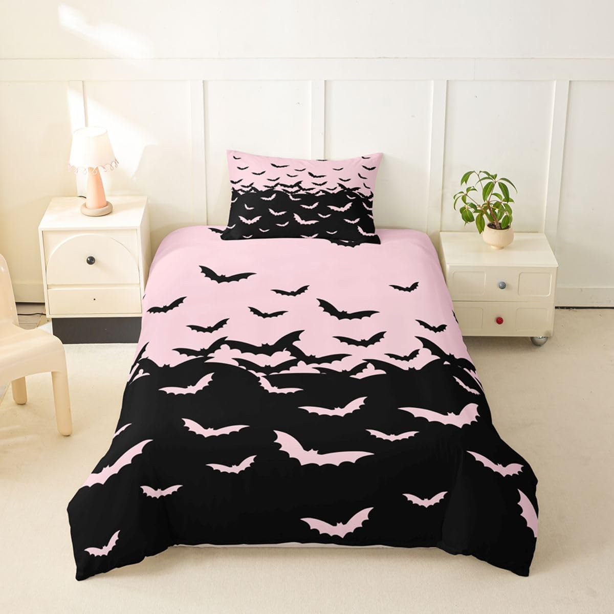 Erosebridal Pink Black Bat Duvet Cover Toddler Size