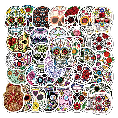 50pcs Halloween Sugar Skull Stickers Dia de Los Muertos Mexican Day of Dead Stickers Decals Candy Skull Stickers for Laptop Water Bottle Luggage Bike Computer