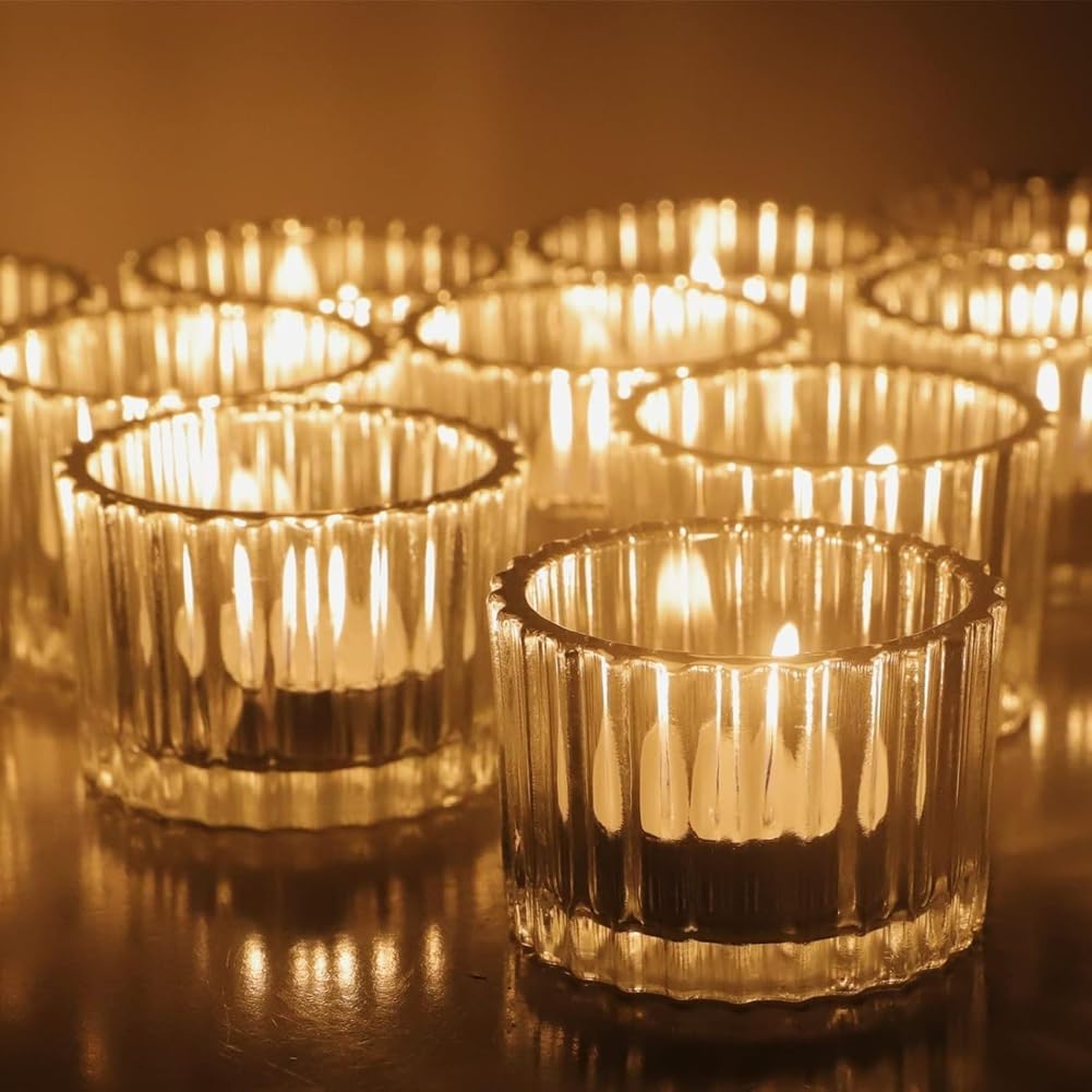 Przezroczyste świeczniki na świeczki tealight, zestaw 24 sztuk, szklane świeczniki na podgrzewacze, dekoracja stołu, na wesela, przyjęcia urodzinowe lub do