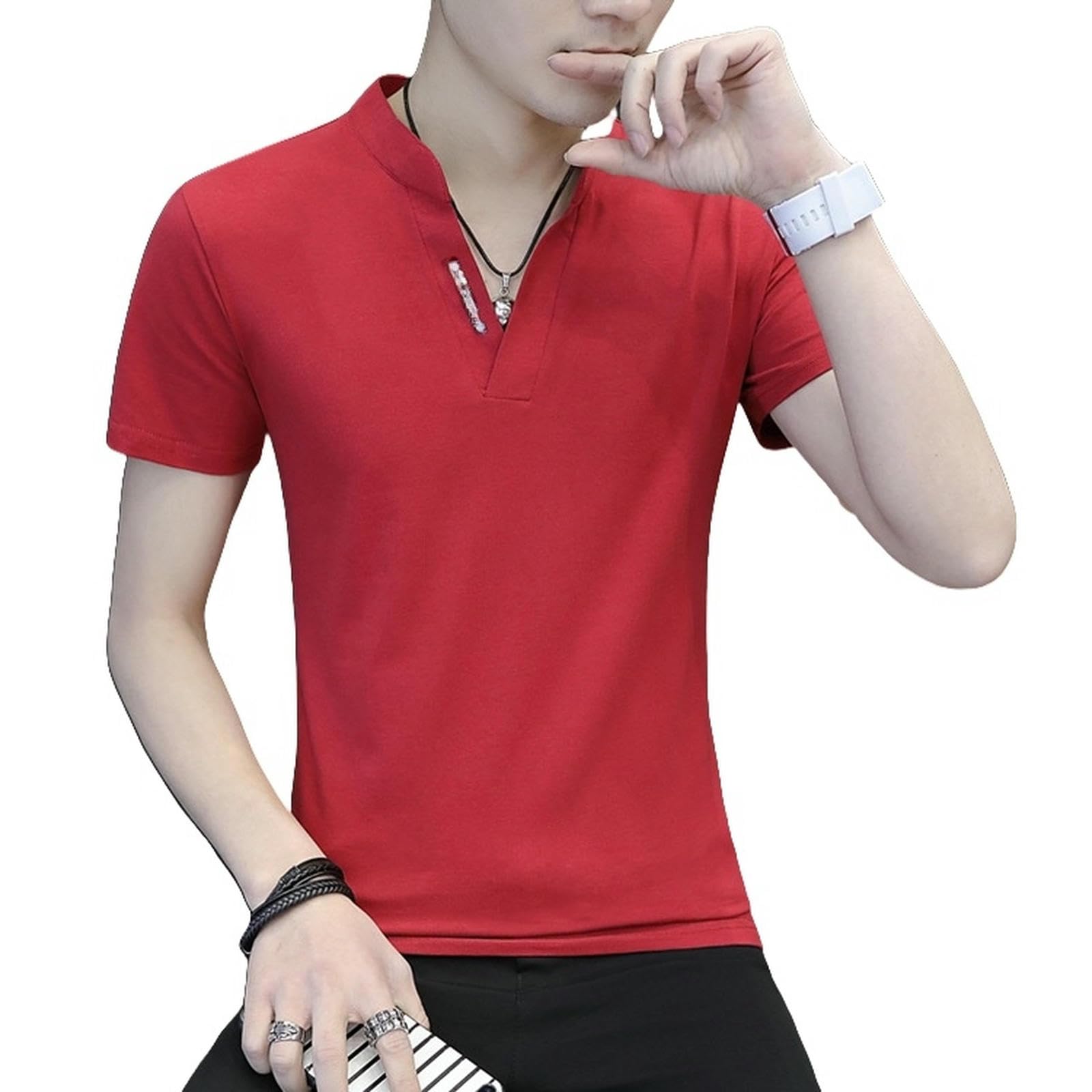T-shirt męski z krótkim rękawem, dekolt w serek, Henley, krój slim fit, basic, golf, tenis, sport, pół rękawy, letni trend