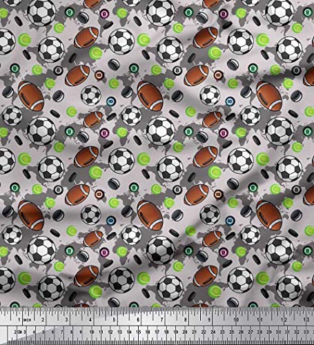 Soimoi Silk Grey Fabric - by The Yard - 42 Inch Wide - Cricket Ball, Rugby & Football Sports - Tri-Sport Extravaganza with Cricket Ball, Rugby, and Football Prints Printed Fabric