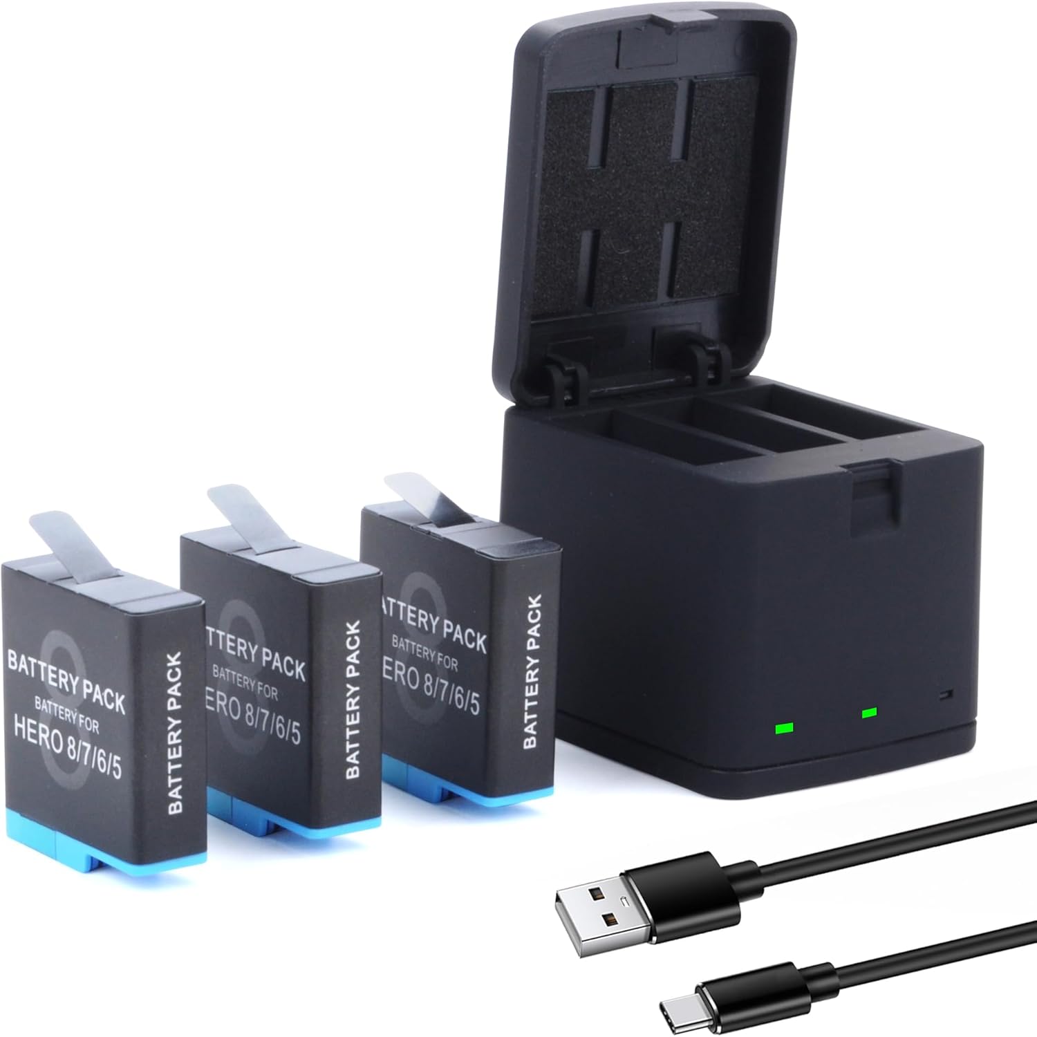Hero 8/7/6/5 3 Packs Battery for Hero 2018, Hero 8, Hero 7, Hero 6, Hero 5 Black with USB and Type-C Charging Port Battery and 3-Channel Charger Bundle LED Light 3.85V 1500mah