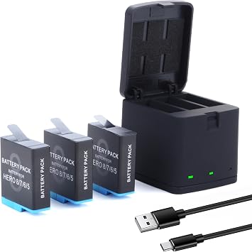 Hero 8/7/6/5 3 Packs Battery for Hero 2018, Hero 8, Hero 7, Hero 6, Hero 5 Black with USB and Type-C Charging Port Battery and 3-Channel Charger Bundle LED Light 3.85V 1500mah