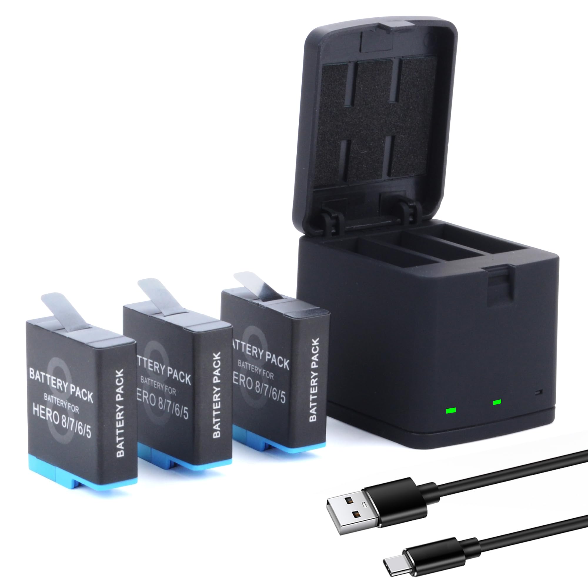 Hero 8/7/6/5 3 Packs Battery for Hero 2018, Hero 8, Hero 7, Hero 6, Hero 5 Black with USB and Type-C Charging Port Battery and 3-Channel Charger