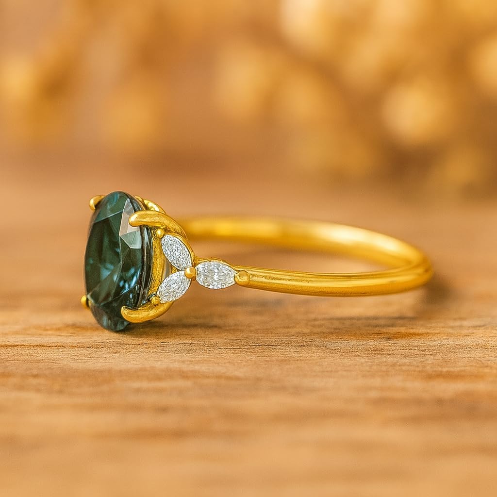 Oval Cut Teal Sapphire Engagement Ring for Women 14K Yellow Gold Sapphire with Marquise CZ Diamond Vintage Inspired Fine Jewelry Promise Gift for Her