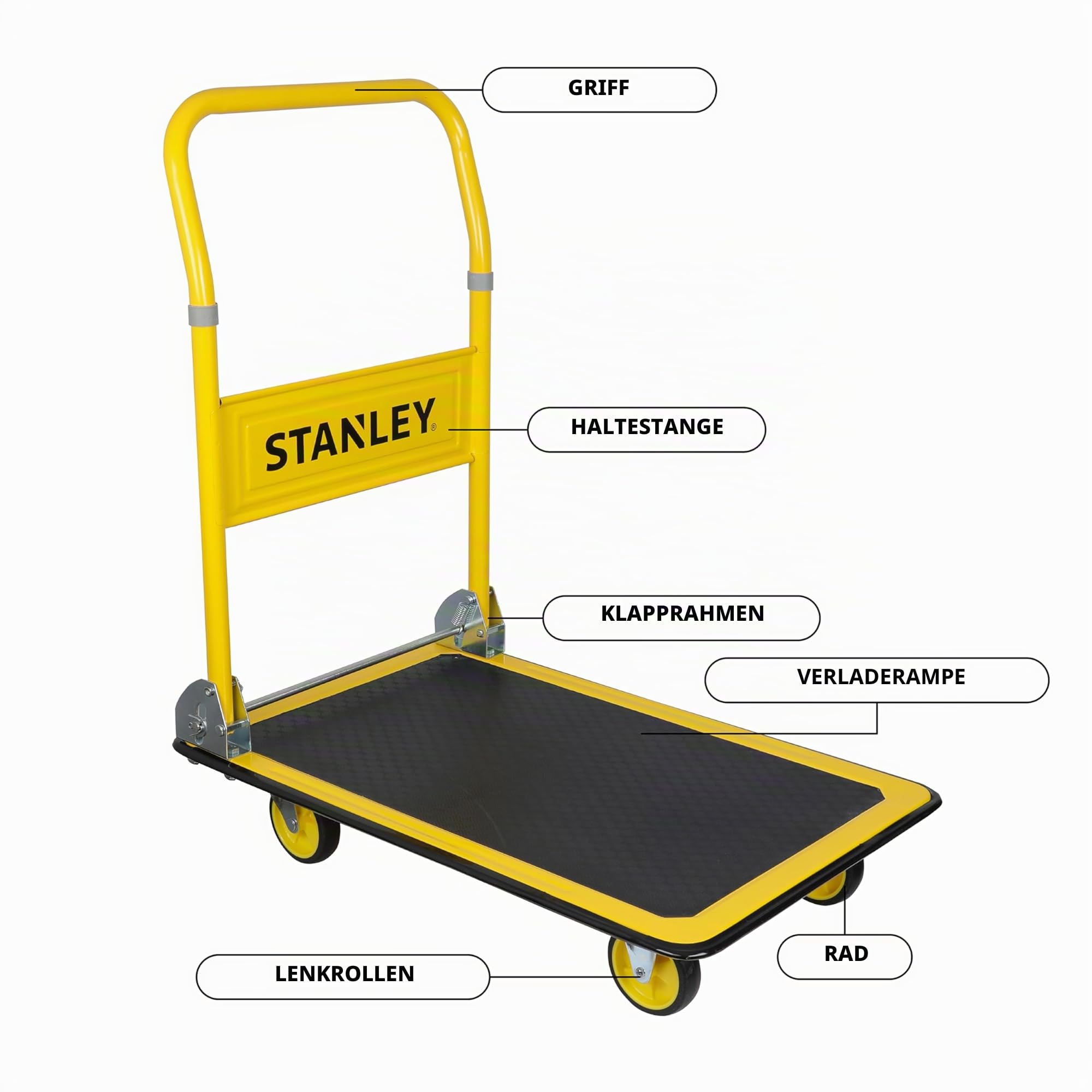 Stanley Plattformwagen PC527 - Transportkarre mit Tragfähigkeit Max. 150KG - Transportwagen Klappbar - 73,5 x 47 x 83 CM - für Umzug, Hausarbeiten und Einkäufen - Gelb/Schwarz