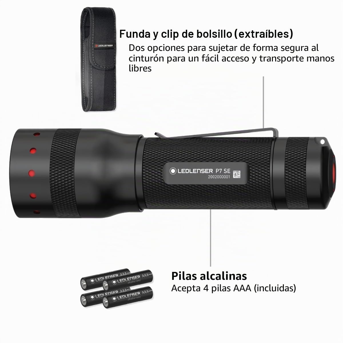 Ledlenser P7 SE LED Torch, 500lm, AAA Battery Powered, 320m Beam, IP54 | Hasta 25h de autonomía, enfoque ajustable, 3 modos de luz, 175g, IP54, funda incluida, ideal para senderismo