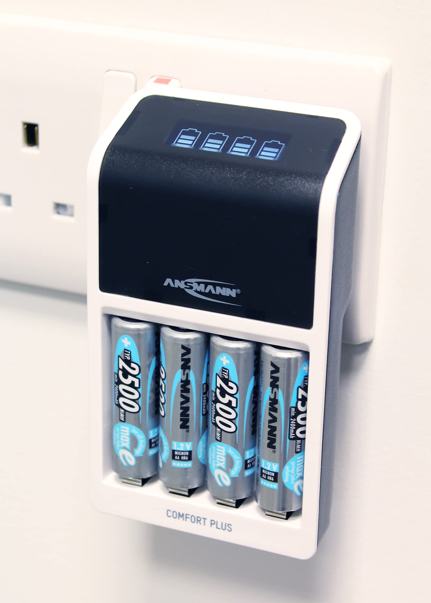 Ansmann Comfort Plus AA, AAA & 9V Battery Charger For NiMH NiCd Rechargeable Batteries with UK 3-Pin Plug & 4 x AA 2500mAh Batteries - 3 Yr Warranty, White, (1001-0094-44-02)