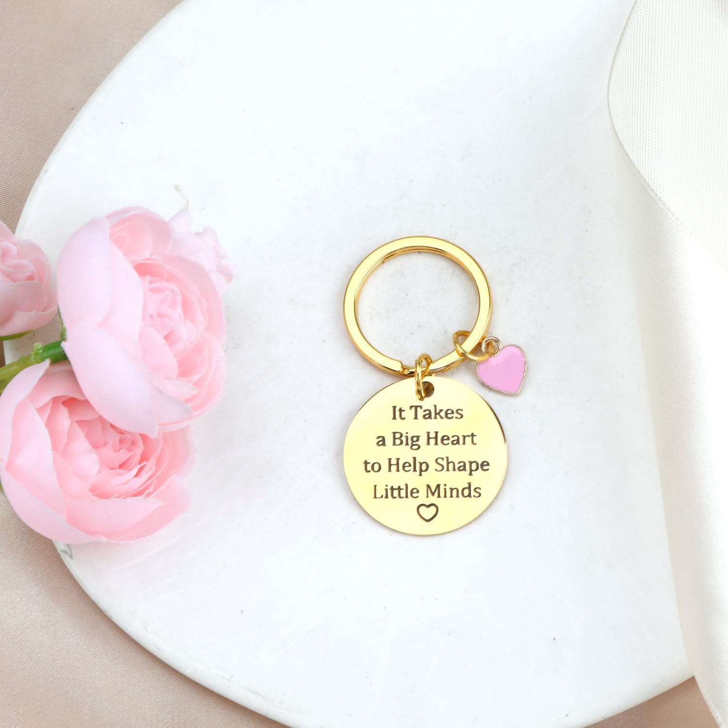 Teacher Keychain,Teacher Appreciation Keychain with Pink Heart Charm,Appreciation Gift for Educators,Big Heart Shape Little Minds,Golden - Image 3