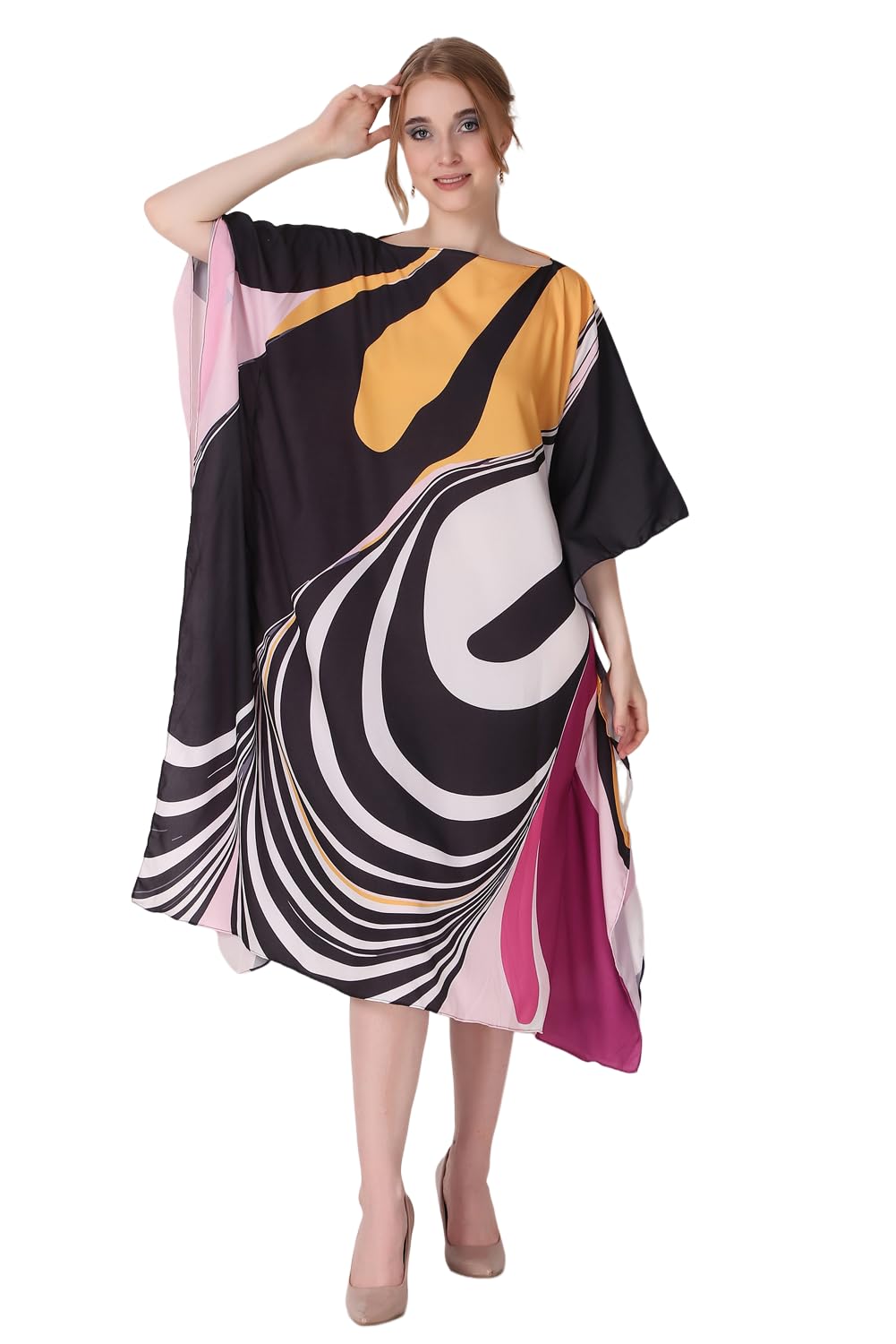 dressprinted Flowing Lines Bold Printed Crepe Maxi Length Long Kaftan Dress for Women Multicolor Freesize-picture-45