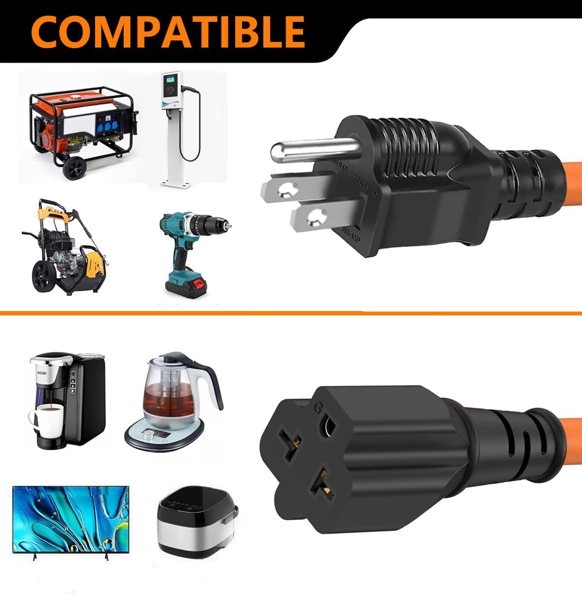 12AWG 15 Amp to 20 Amp Plug Adapter [4-in-1], Heavy-Duty Extension Cord, Nema 5-20P to 5-20R/15R/ 6-15R/ 20R 20AMP T-Blade Adapter Cable, 125V 15A to 20A 250V Extension Power Cord, 1FT, Orange