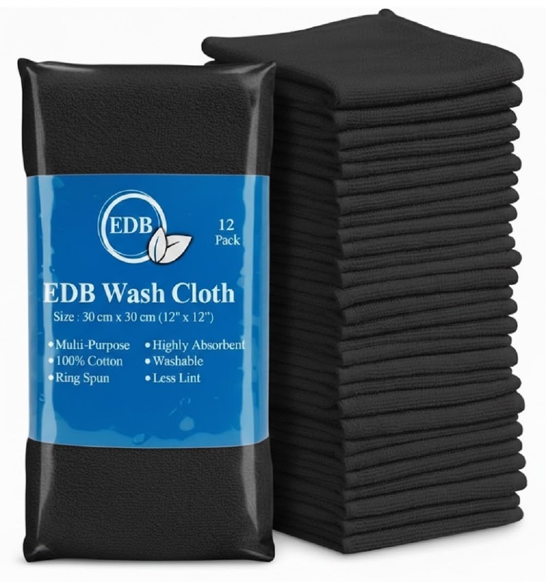 EDB 12 Piece Cotton Washcloths Set (500 GSM) Flannel Face Cloths (30cm x 30cm) Highly Absorbent Fingertip Towels 100% Soft Cotton Hotel Quality (12, Black)