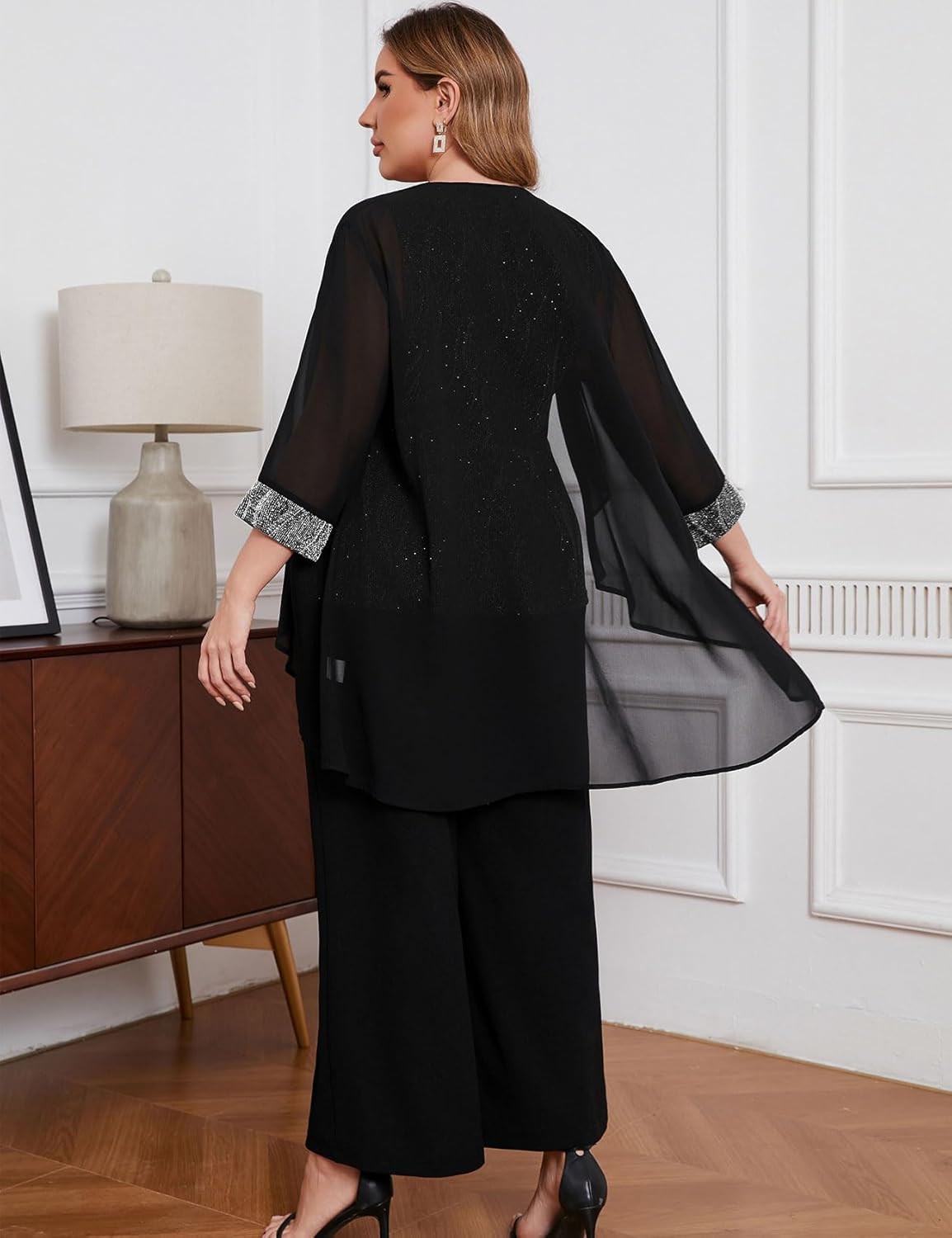 ZOMVA Plus Size 3 Piece Formal Pantsuit Sparkly Chiffon Jacket Set Dressy Outfit Mother of The Bride Groom Wedding Cocktail - Image 6