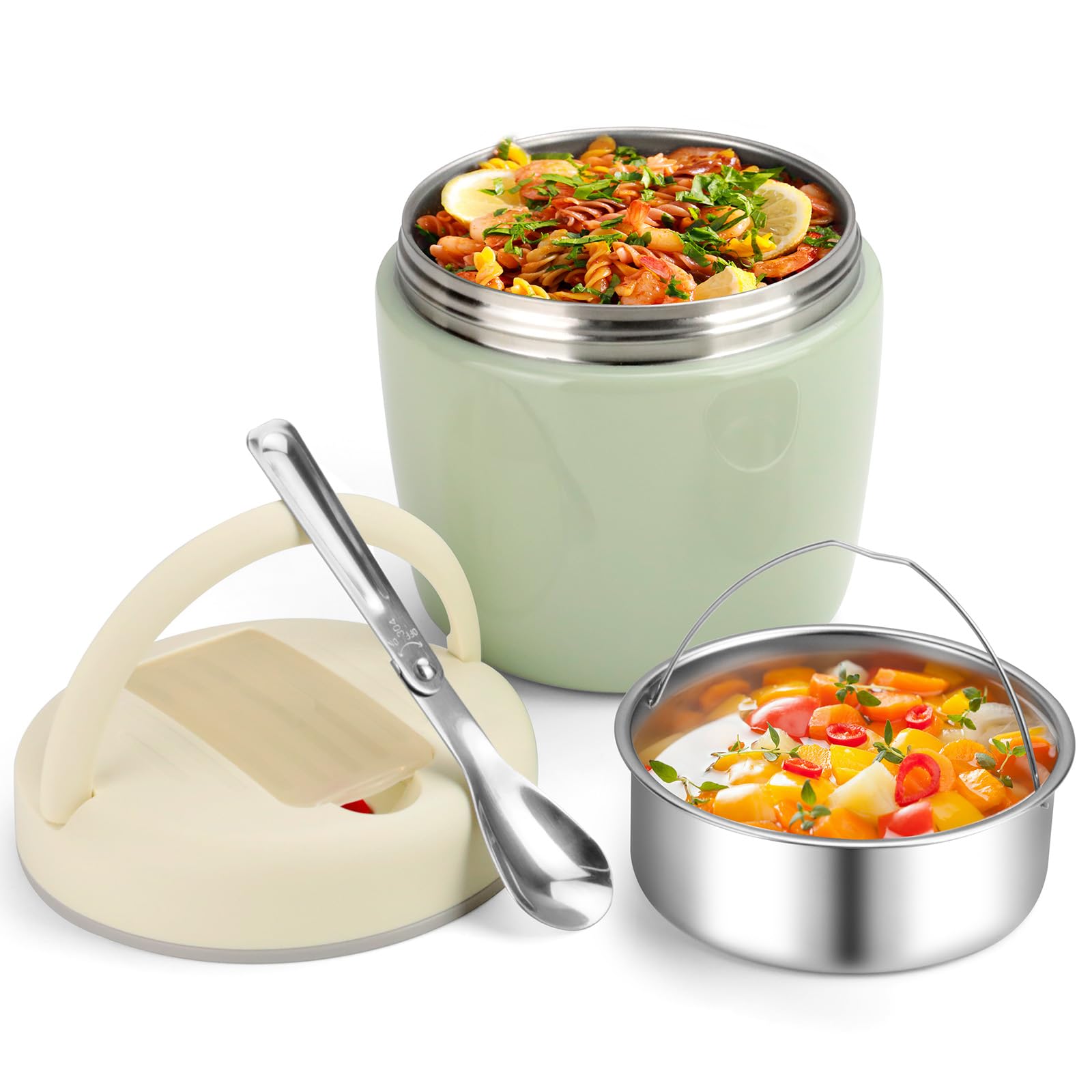 AiQInu Portapranzo Termico per Alimenti 1200ml con Isolamento Sottovuoto, Thermos Pappa BPA Free, Contenitore Termico per Alimenti Caldi con Cucchiaio Pieghevole e Manico Antiscivolo per conservare