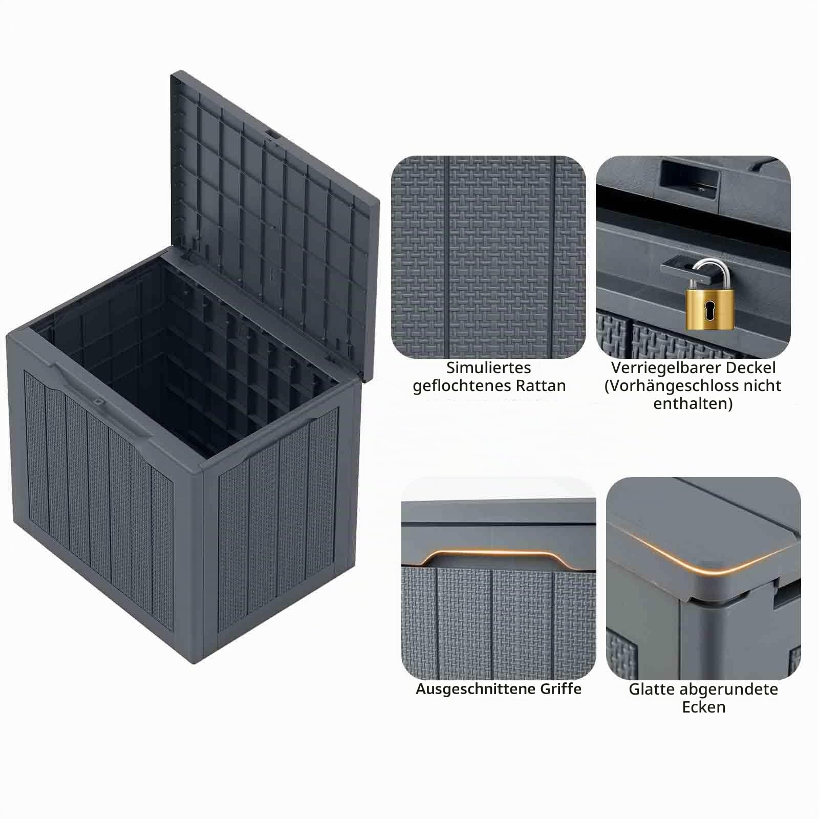 HOMASIS Auflagenbox wetterfest, Gartenbox aus PP-Rattan, abschließbar Aufbewahrungsbox mit Deckel, Gartenmöbel Kissenbox Auflagentruhe Gartentruhe Outdoor (Grau, 96L)