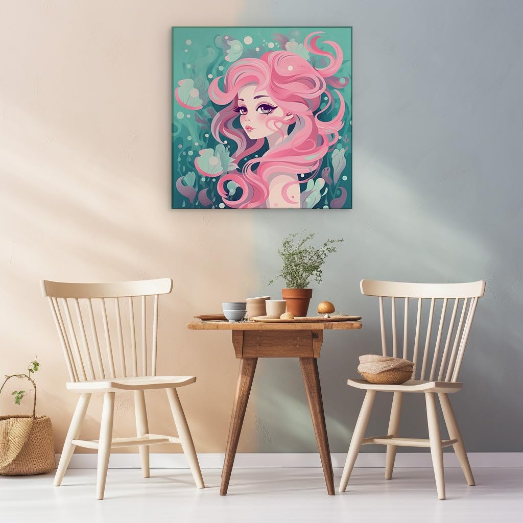 Canvas for Living room. Submerged in Serenity: The Enigmatic Beauty of the Pink-Haired Siren, 27 x 18 inch Canvas Wall Art - Contemporary Masterpieces - Zen Wall Decor - 69x46 cm (27x18 inch)