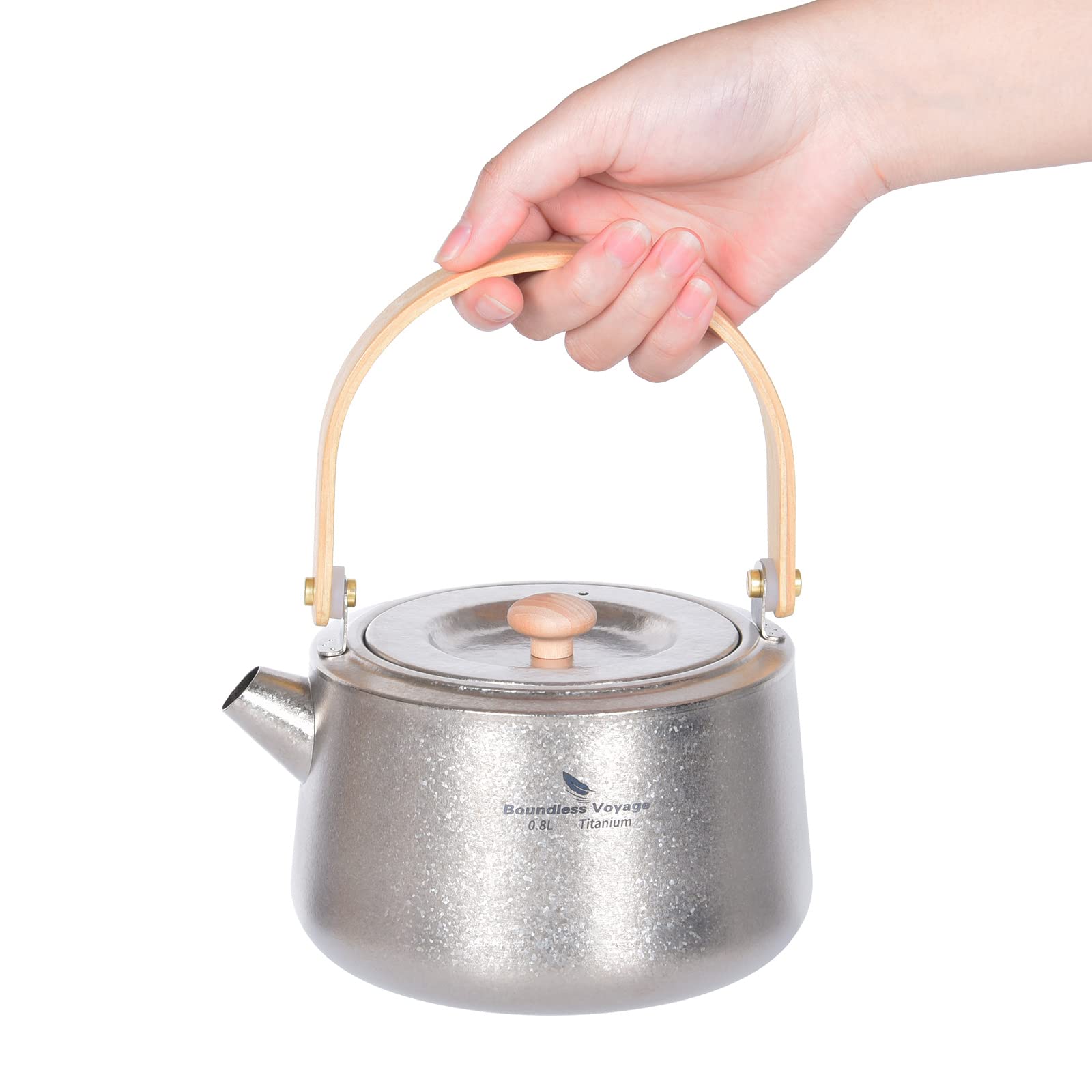 iBasingo 800ml Titanium Kettle with Wooden Folding Handle Ultralight Portable Teapot for Outdoor Camping Coffee Maker Hiking Backpacking Daily Use US-Ti3130D