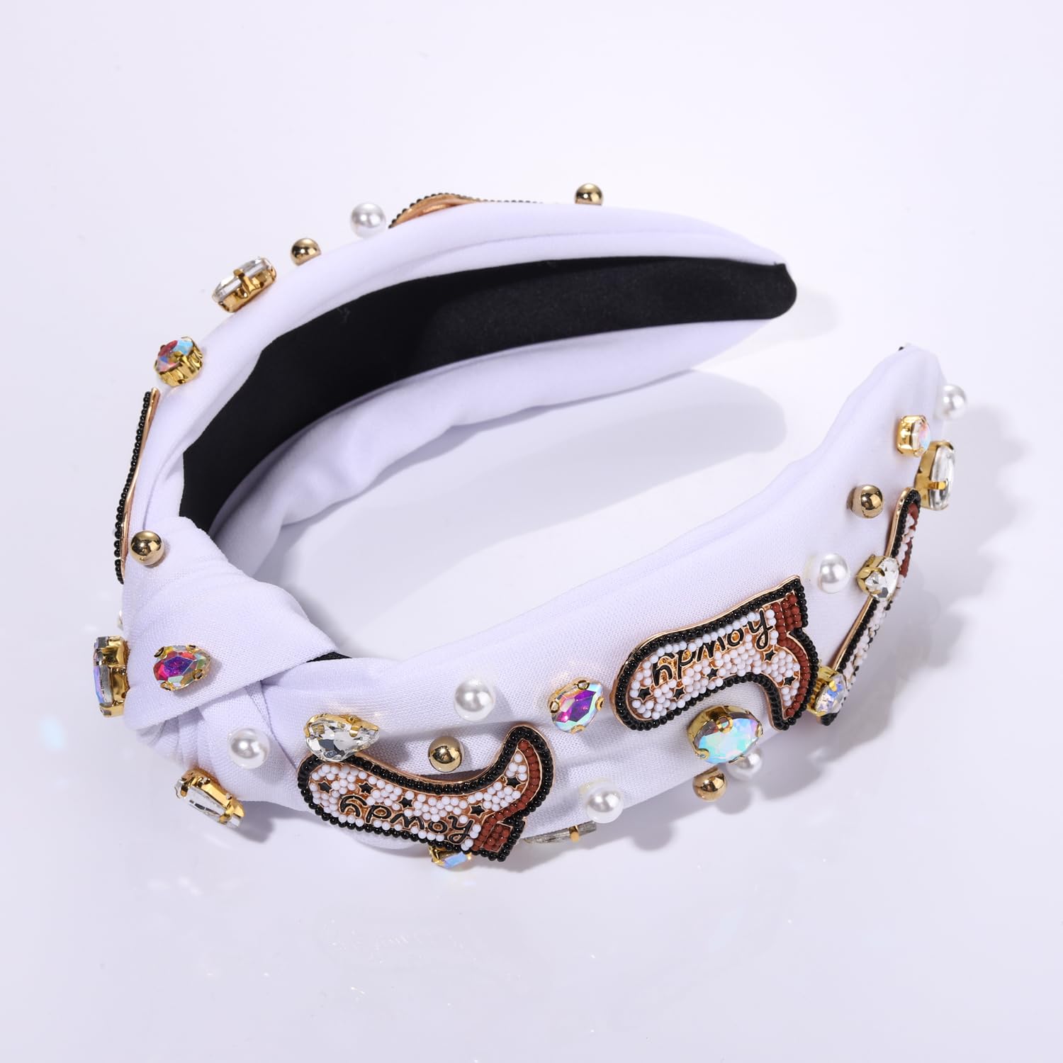 Western Cowgirl Headband Accessories for Women Beaded Cowboy Boot Embellished Headband Rhinestone Crystal Pearl Top Knot Headbands Rodeo Nashville Bachelorette Party Country Concert Outfit (White) image 4