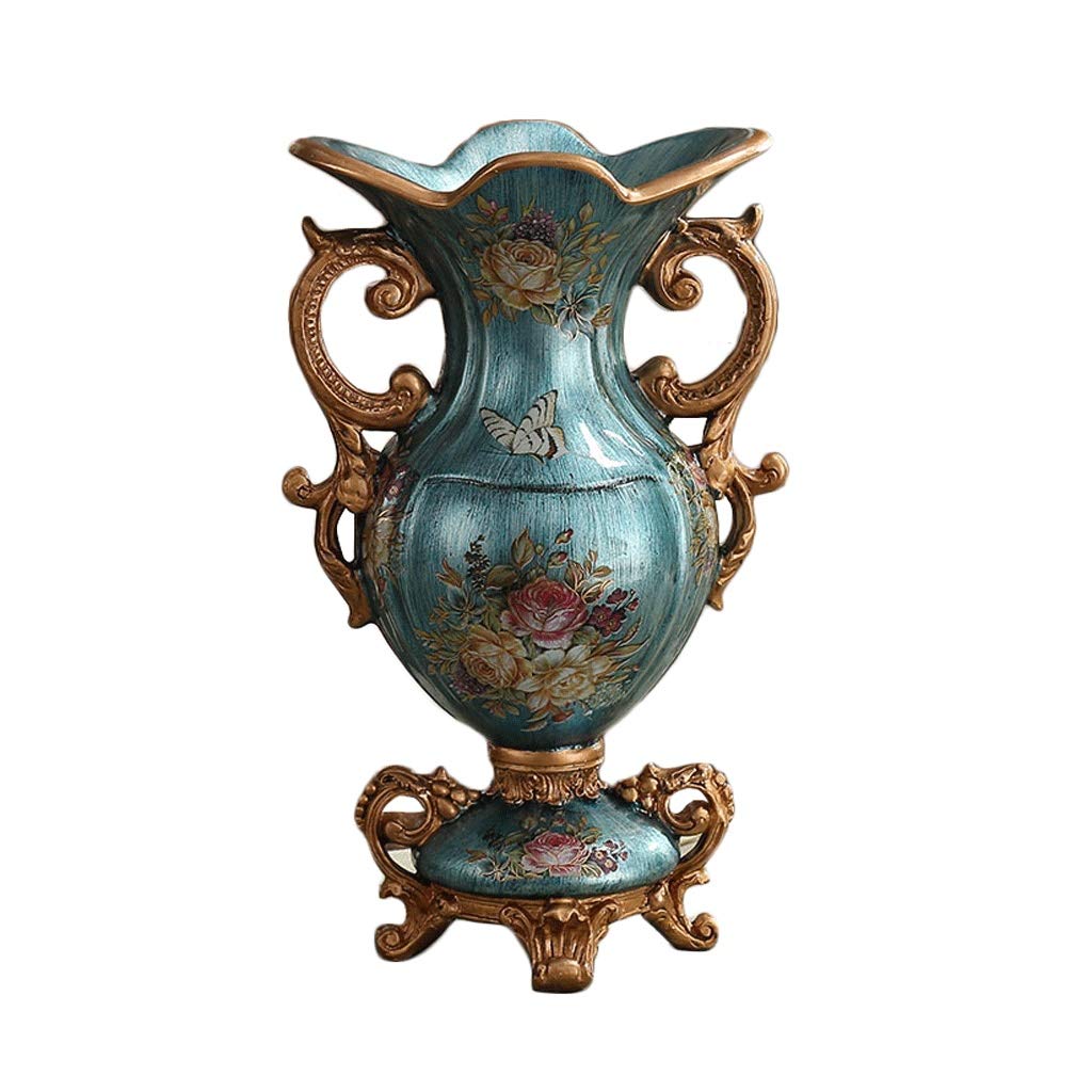 asdchZen Retro Blue Resin Vase Living Room Entrance Floral Arrangement Ornament Creative Hand Painted Art Binaural Large Vase Crafts,Blue,Small